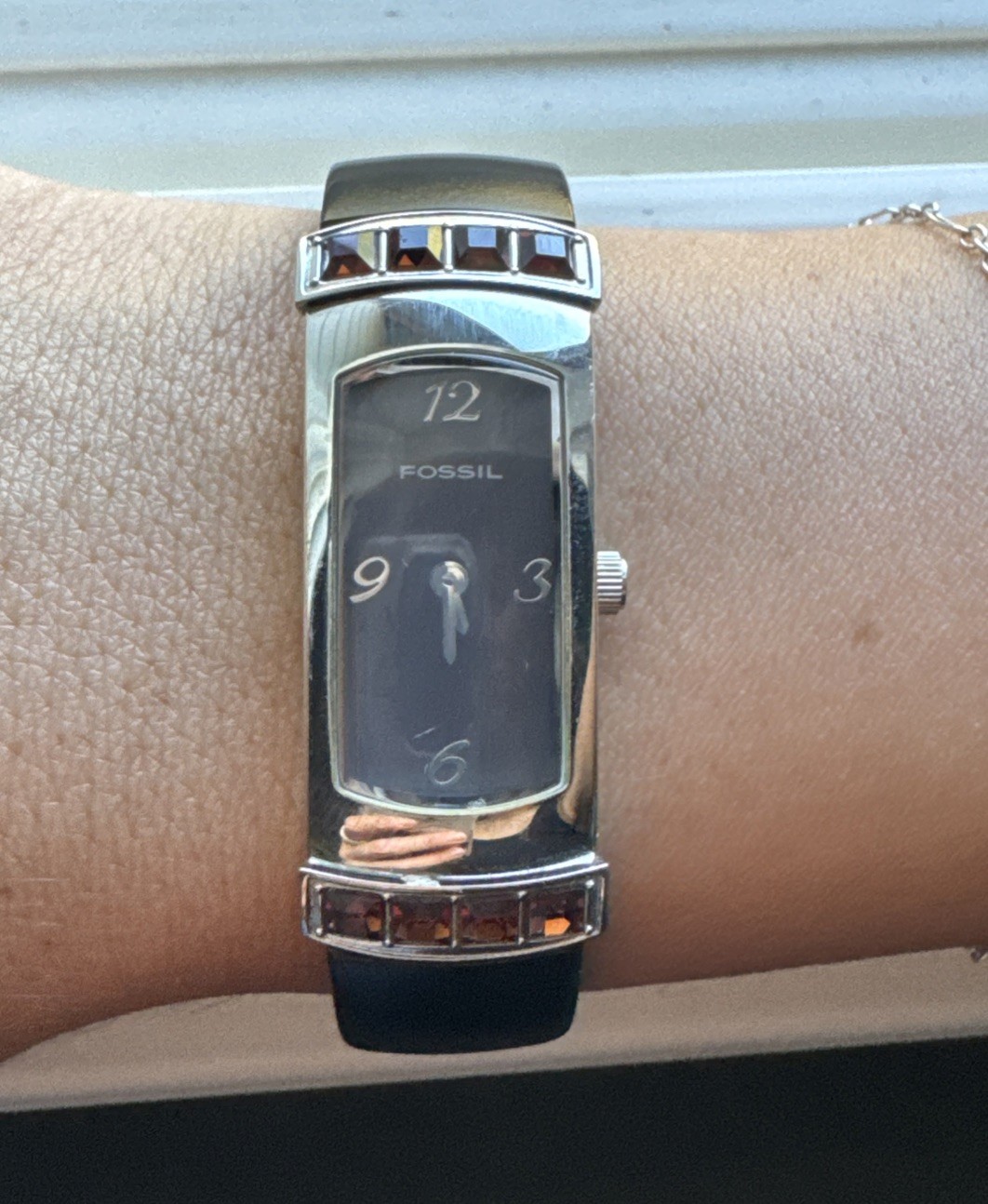 Fossil F2 Women’s Watch, ES-1555, Silver with Chocolate Brown Gemstones & Band.