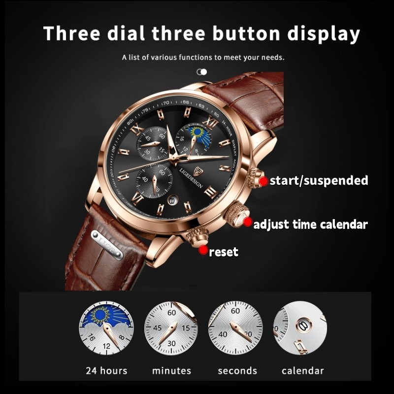 LIGE Men Watch Quartz Analog Luminous Date Waterproof Business Man Wristwatch