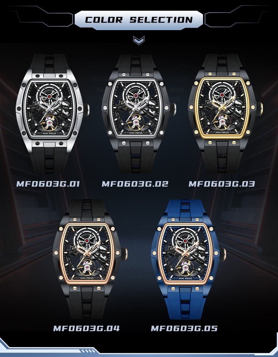 MINI FOCUS Men’s Tonneau Skeleton Flywheel Silicone Automatic Mechanical Watch