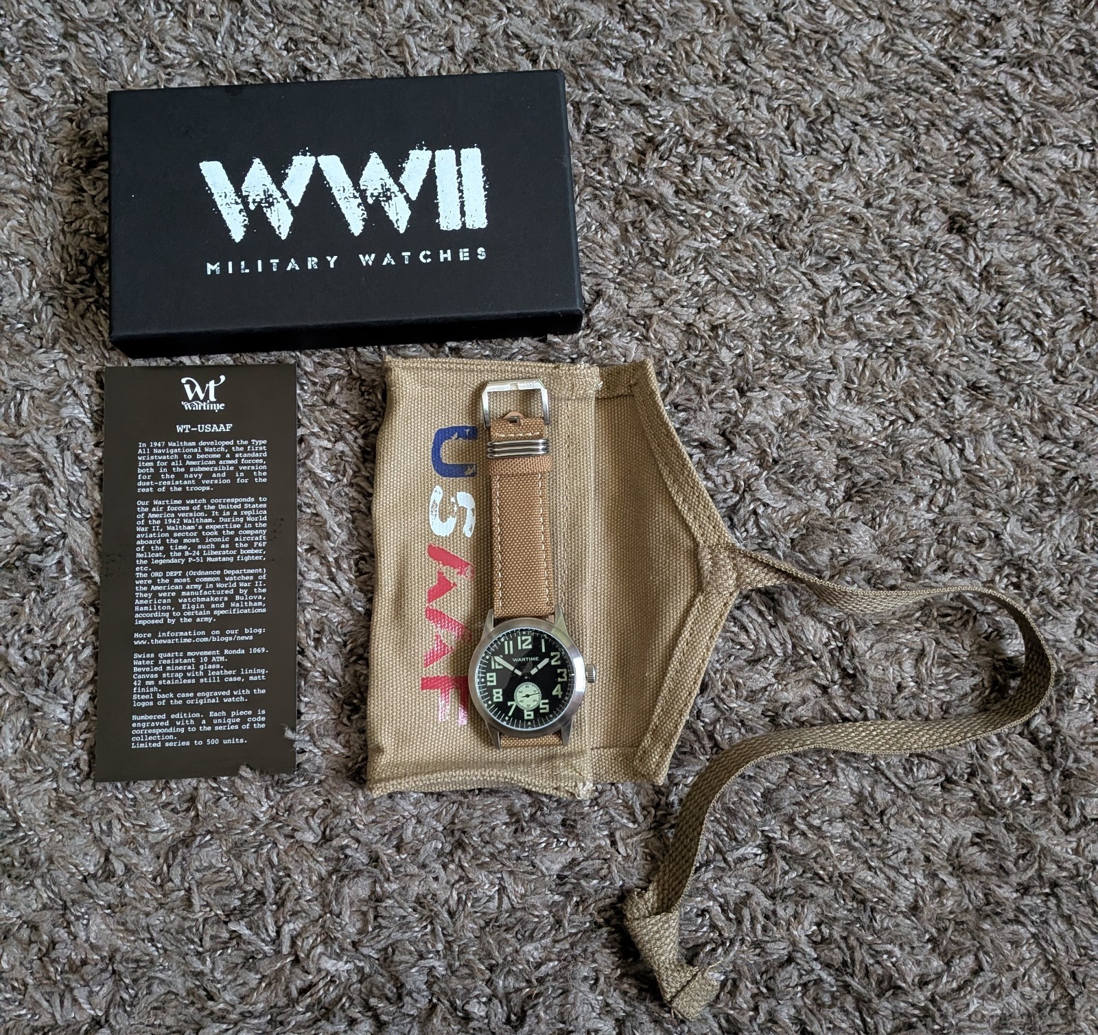 Wartime WW2 USAAF Swiss-Quartz Movement Canvas Strap 42MM Watch NEW