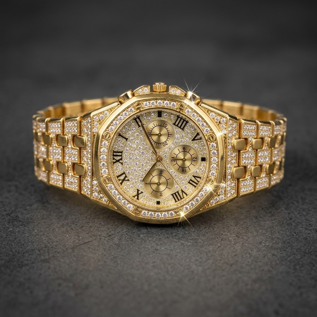 Luxury Gold Plated Triple Dial Quartz Watch with Rhinestones for Men