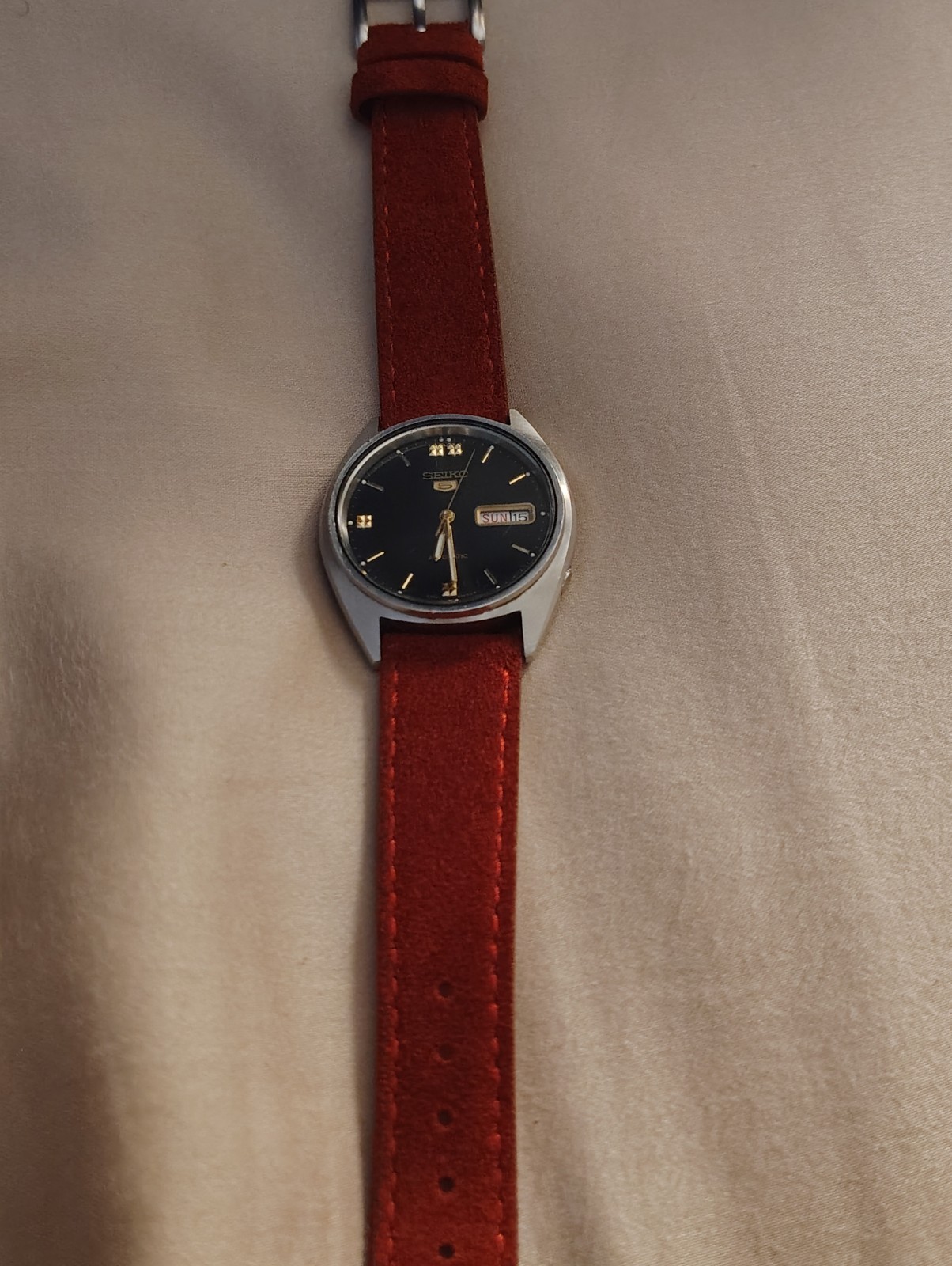 Seiko 5 Automatic Men’s 36-39mm Black Dial Stick Day/Date Red Leather Watch