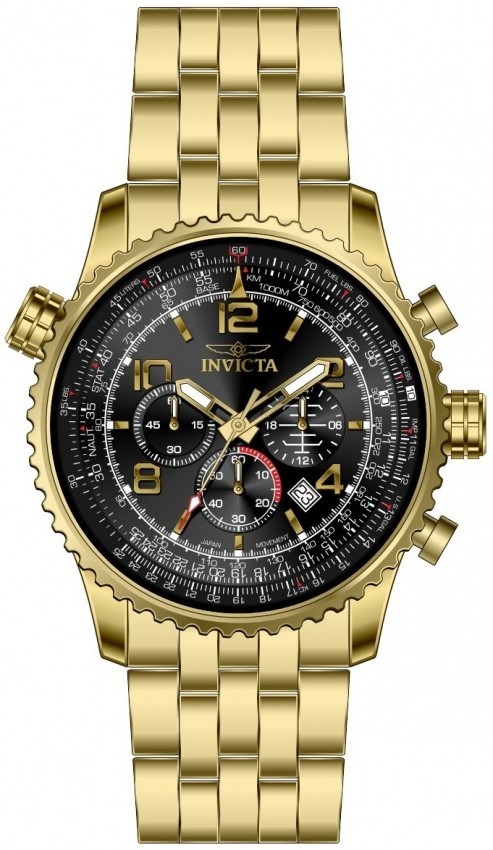 NEW INVICTA 49082 AVIATOR GOLD STEEL BLACK DIAL CHRONGRAPH QUARTZ WATCH 49.5MM K