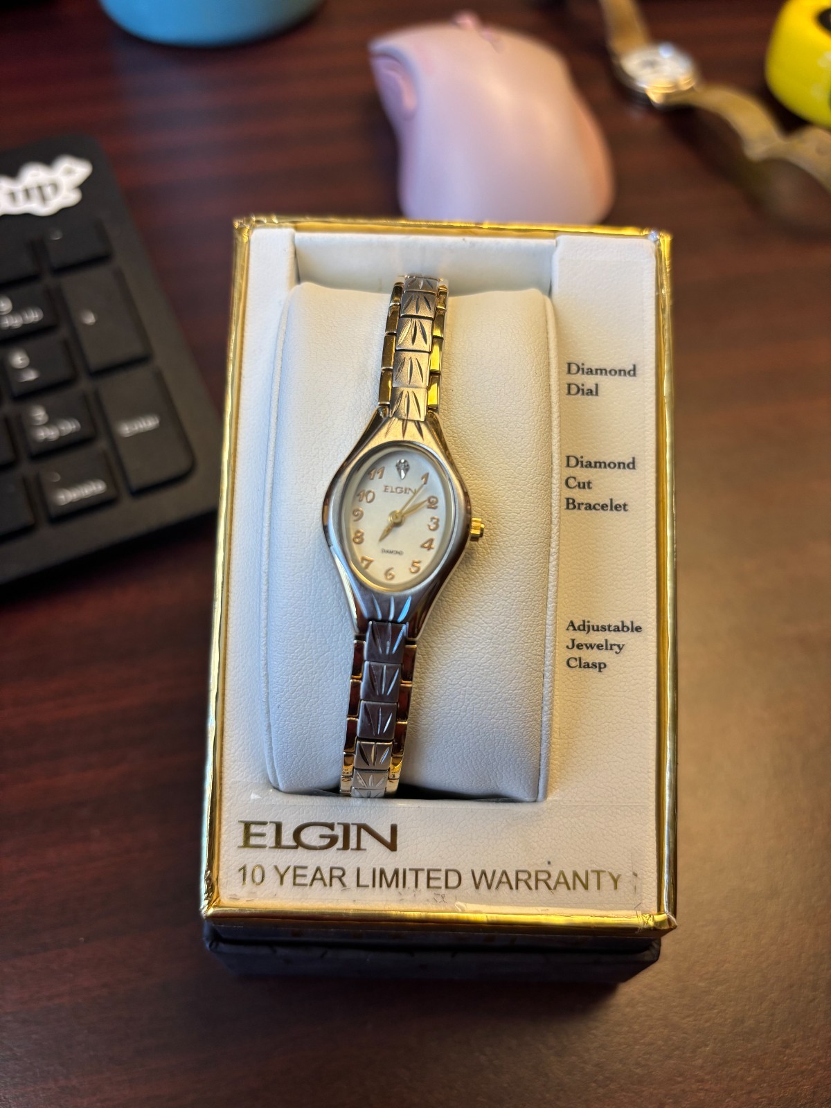 Elgin Women EG8076 Diamond Silver Tone Oval Quartz Watch W/BOx