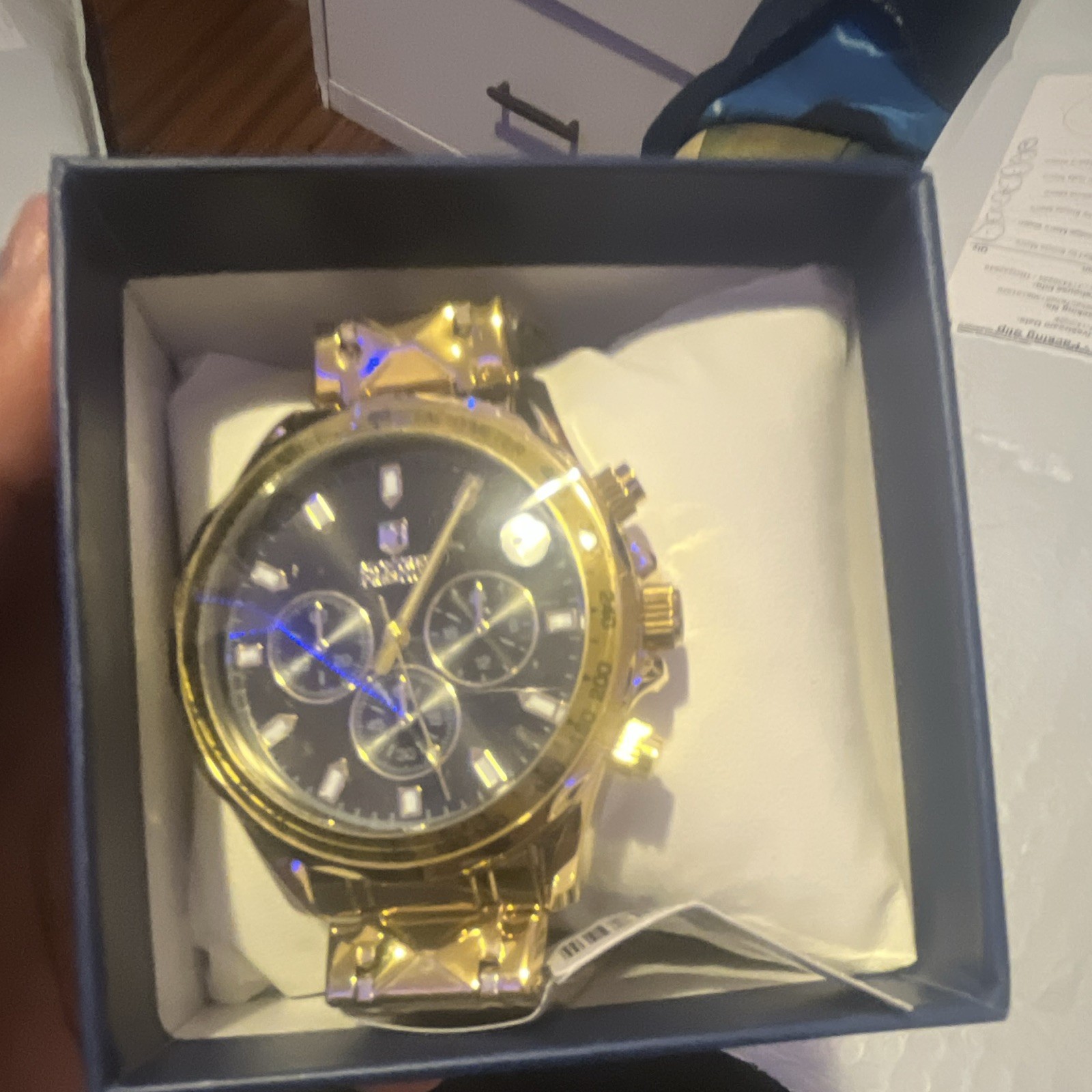 Montres Prestige Men’s Quartz Chronograph Gold Tone Black Dial 44mm Box