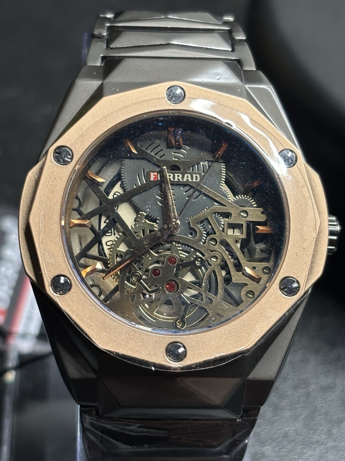 Forrad quartz Skeleton Dial Octagon Black Steel Bracelet Watch w/ Box