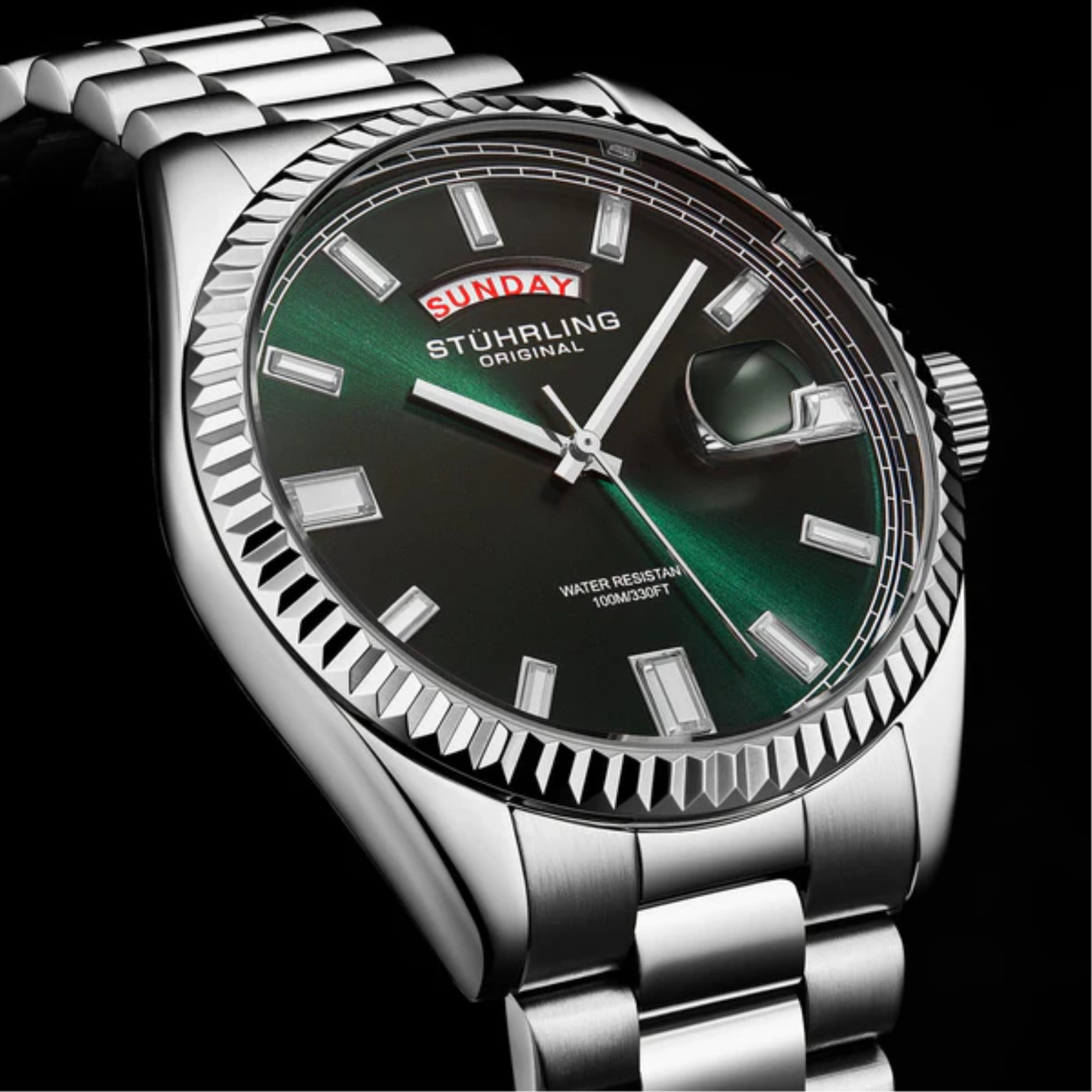 Stuhrling 4070 3 Sovrano Quartz Day Date Green Dial Mens Watch