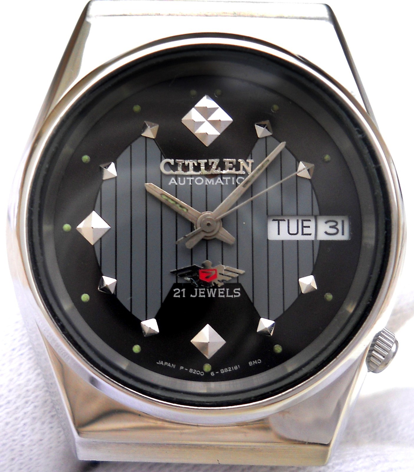 Vintage Citizen Automatic Watch Unisex Black Striped Diamond Dial Pristine Japan