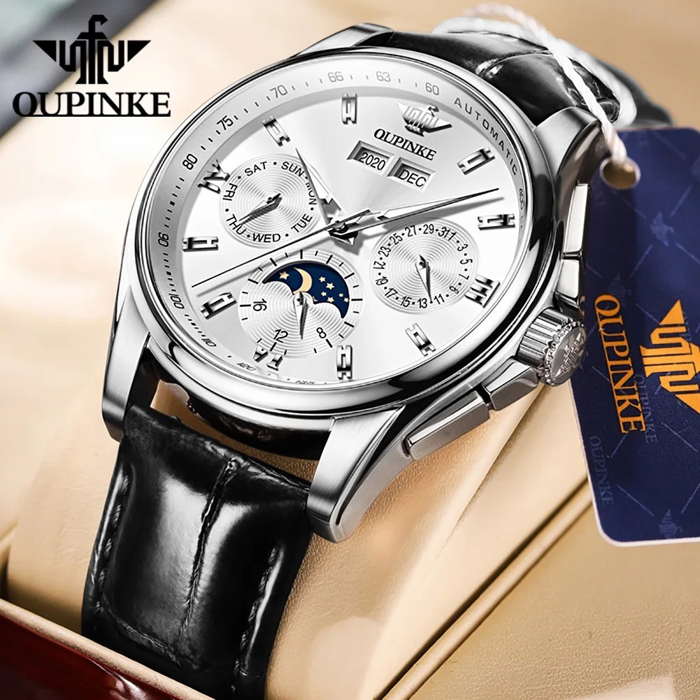 Automatic Mechanical Watch Waterproof Moon Phase Luxury Dial Men Men’s Strap