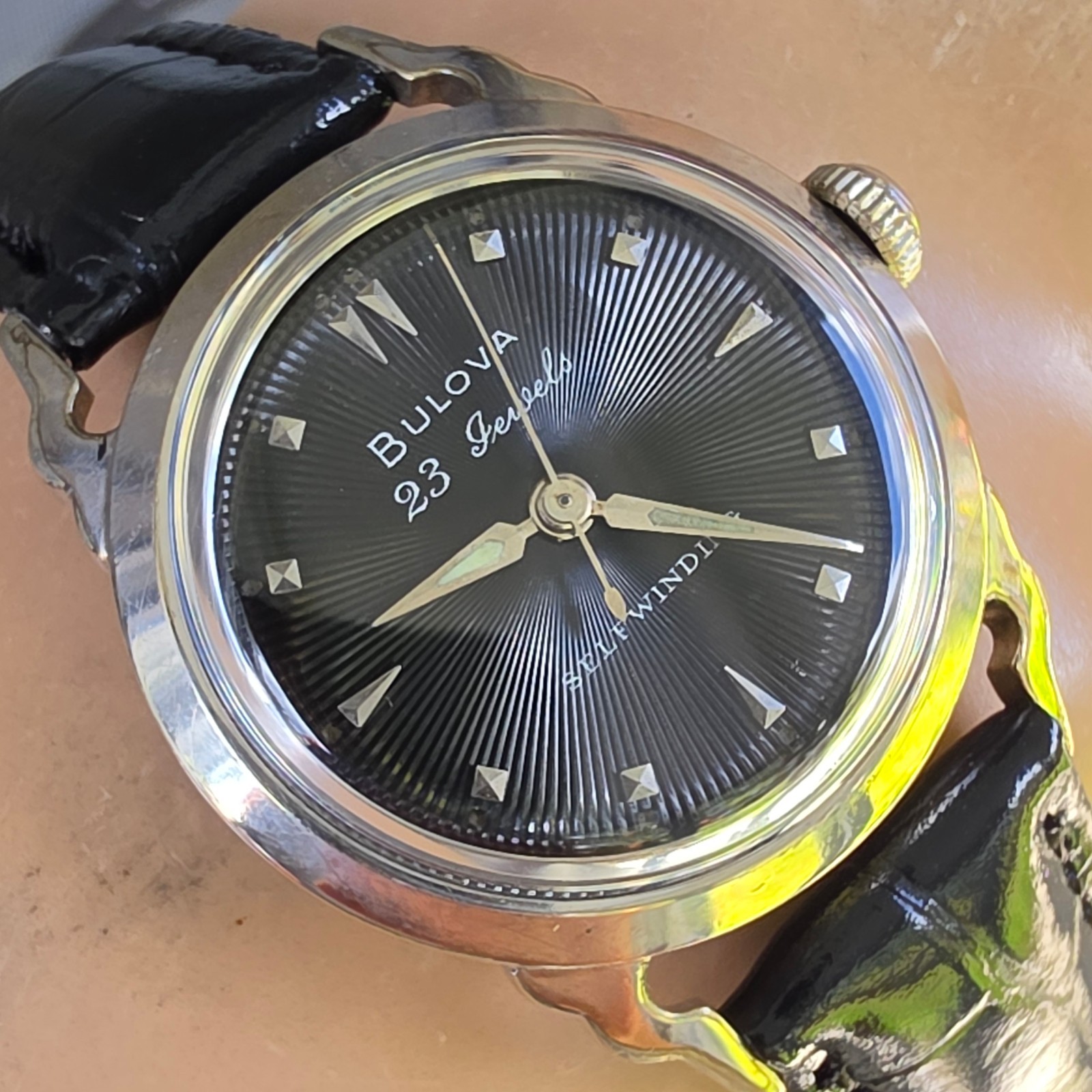 Vintage Bulova 23 “A” Men’s automatic watch 10K RGP Black Sunburst dial USA 1956