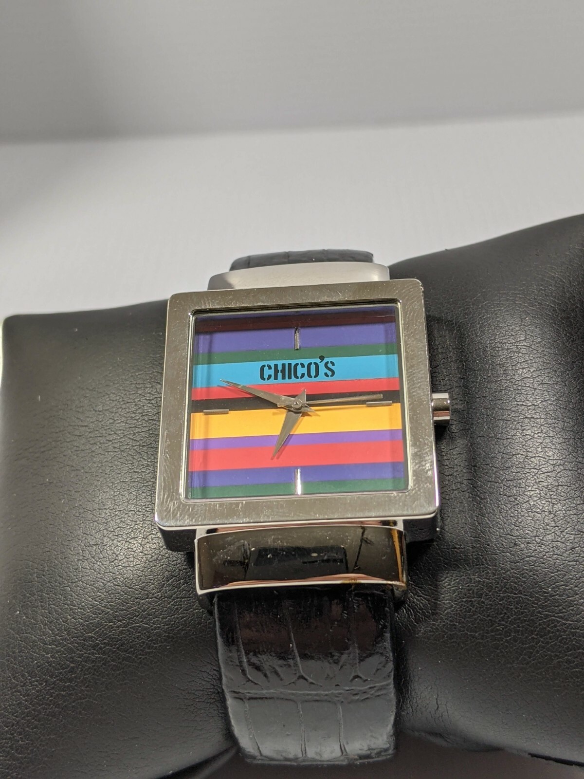 Chico’s Silver Tone Purple Blue Red Yellow Face Black Hinge Band Watch 6 Inch