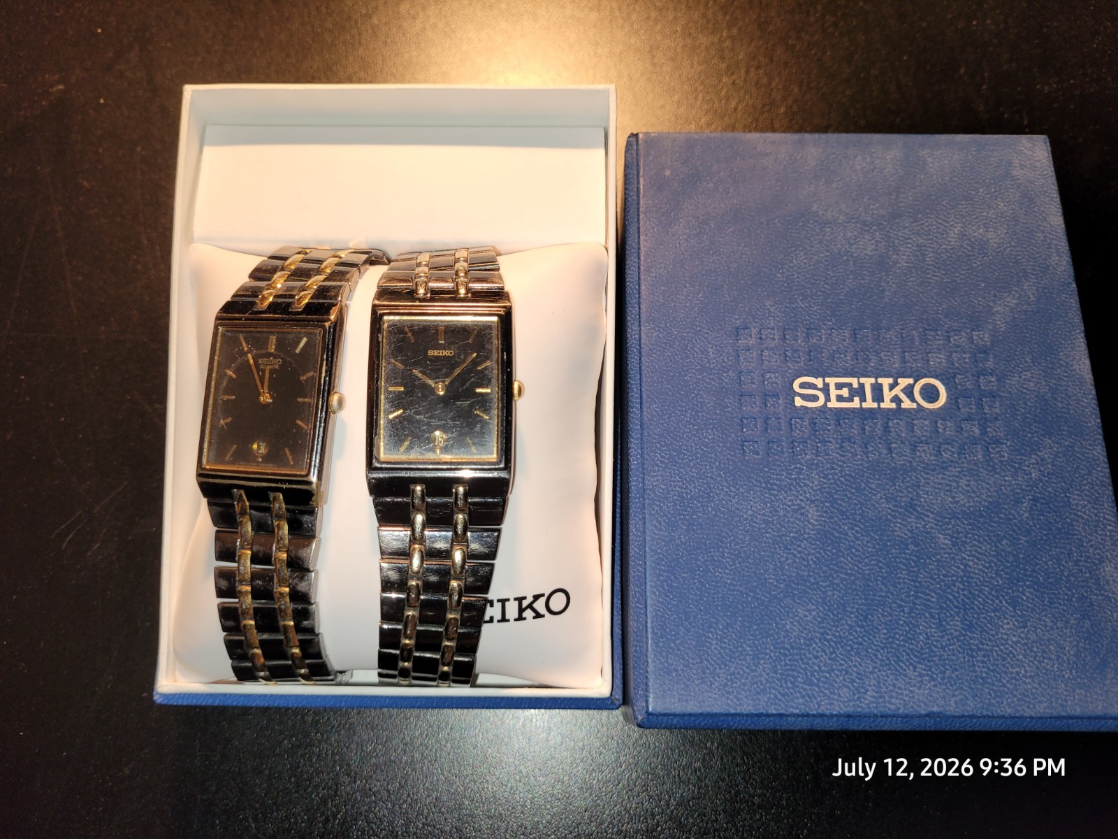 (2) Vintage Seiko Sleek Tank Black/Gold 27mm Date @ 6 Dress Watches – FREE SHIP!