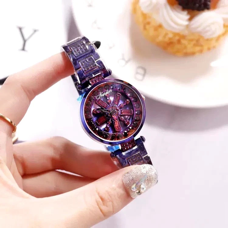 DKY Ladies Wrist Watches Stainless Steel Movable Dial Wristwatch Full Diamonds