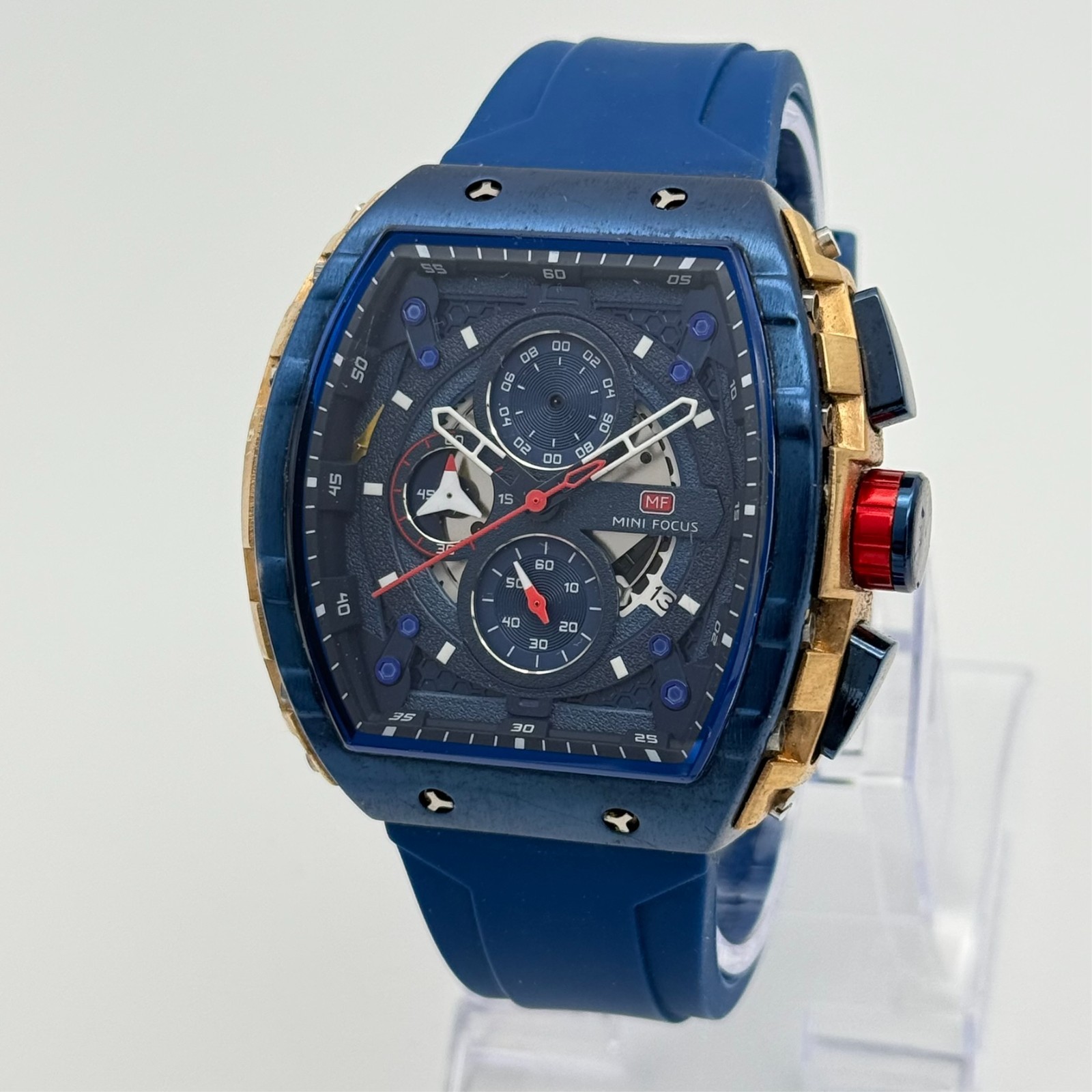 Men’s MINI FOCUS Blue & Rose Gold Tone Watch, 48mm, Rubber Strap Runs BAD CHRONO