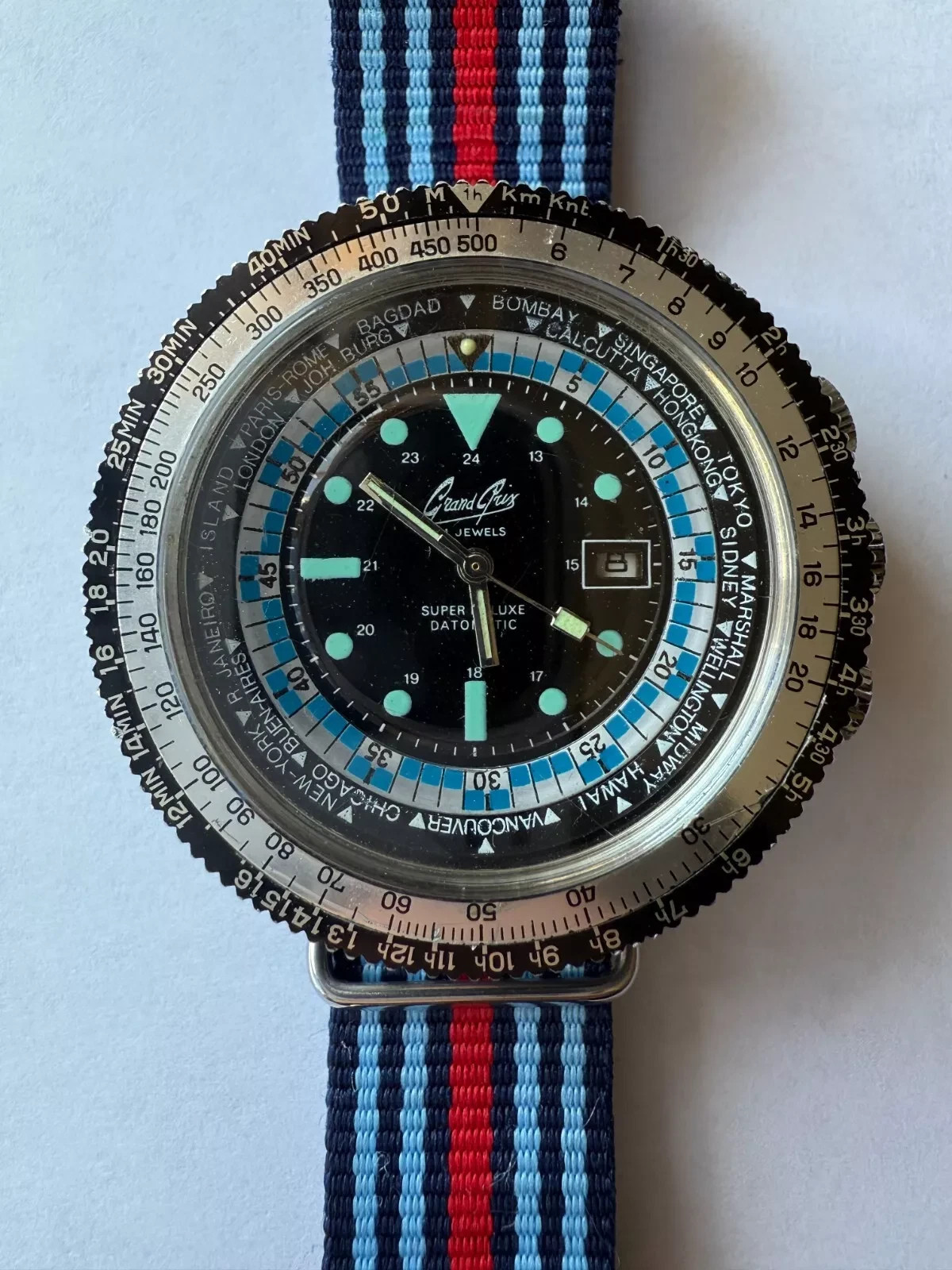 1970s Grand Prix Super De Luxe Datomatic World Time 21 Jewels 50mm Vintage Watch