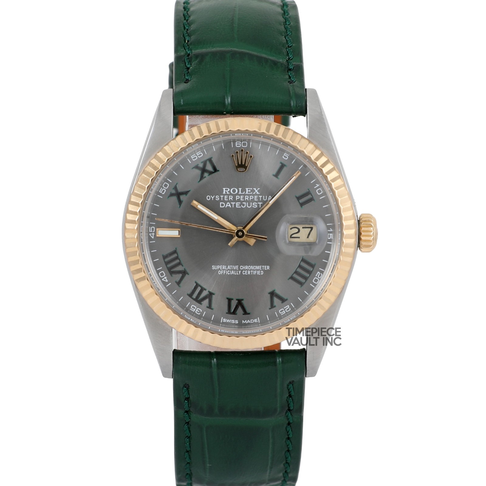 ROLEX MEN DATEJUST 16013 18K GOLD & STEEL WIMBLEDON DIAL DARK GREEN LEATHER BAND