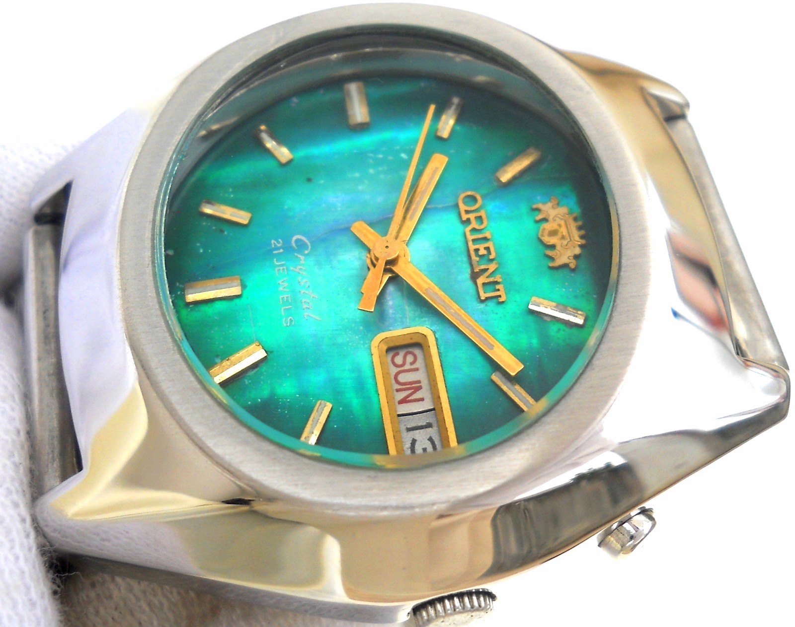 Vintage Orient Crystal 3 Star Automatic 21 J Emerald Green Cracked Ice Sunburst