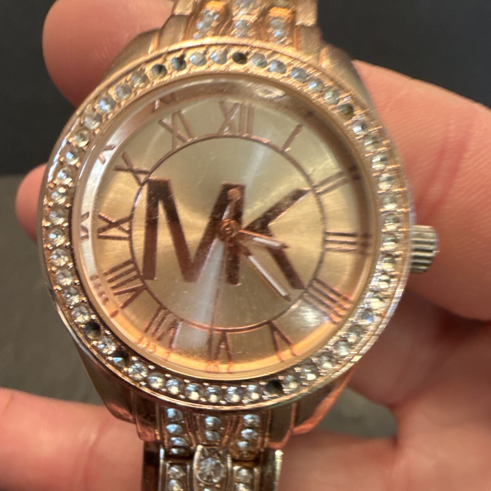 Michael Kors Rose Gold Crystal Bezel Logo Dial Quartz Roman SS Bracelet Watch
