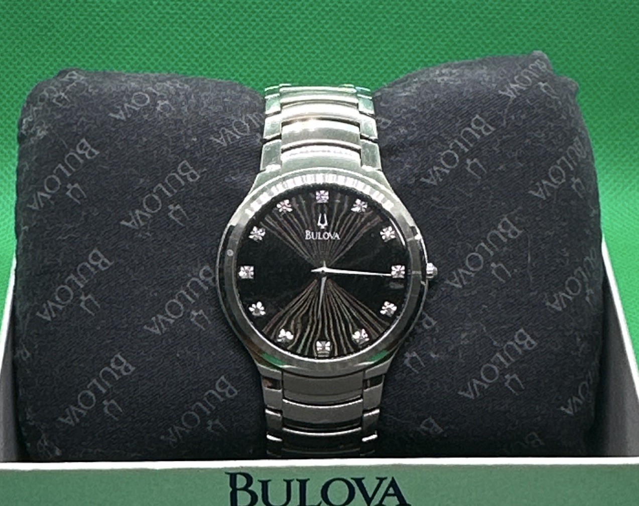 Bulova Diamond Mens Quartz Watch Black Dial Diamond Markers SS Bracelet Box