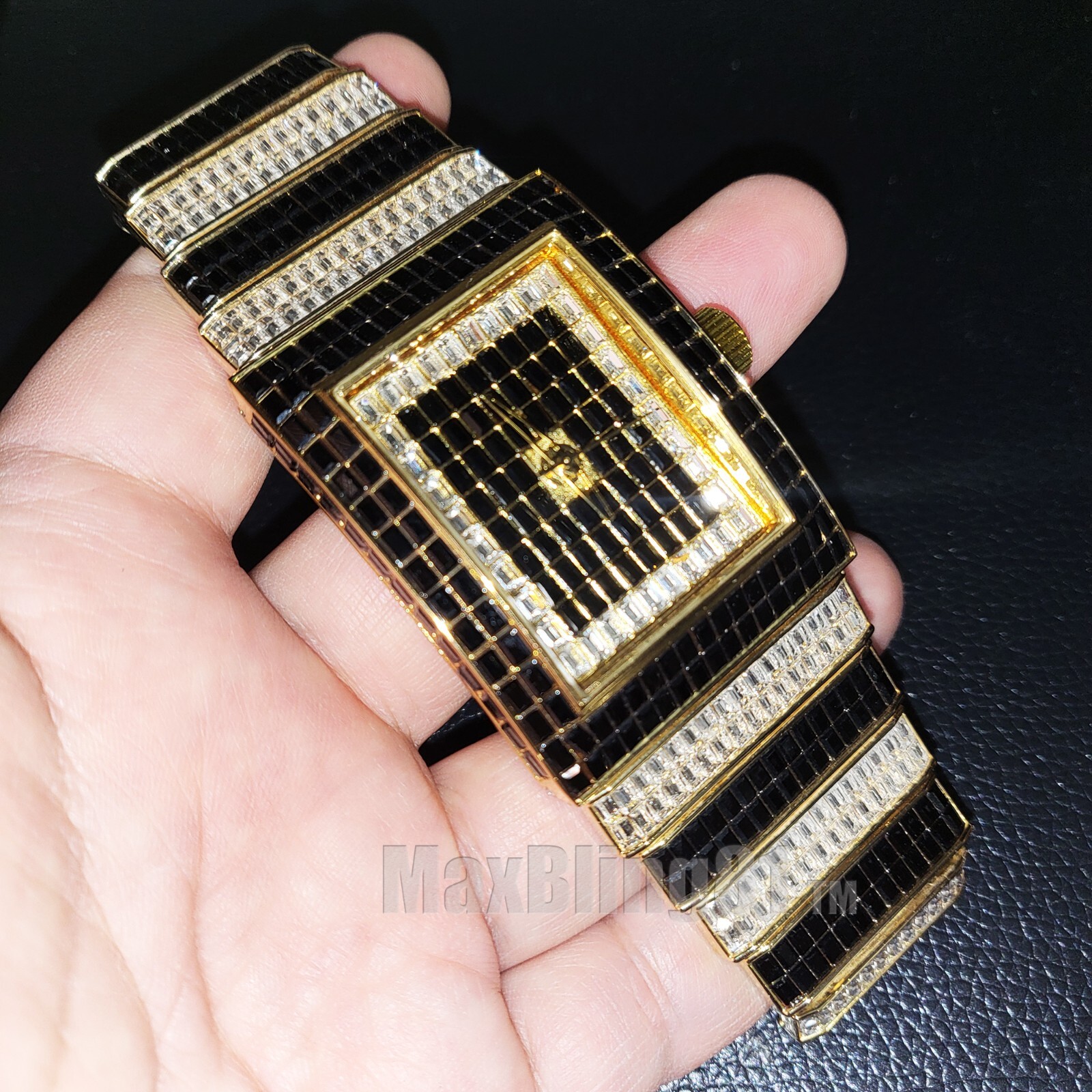 Men’s Watch Luxury Iced Two Tone Baguette Full Stone Square Bracelet Metal Band