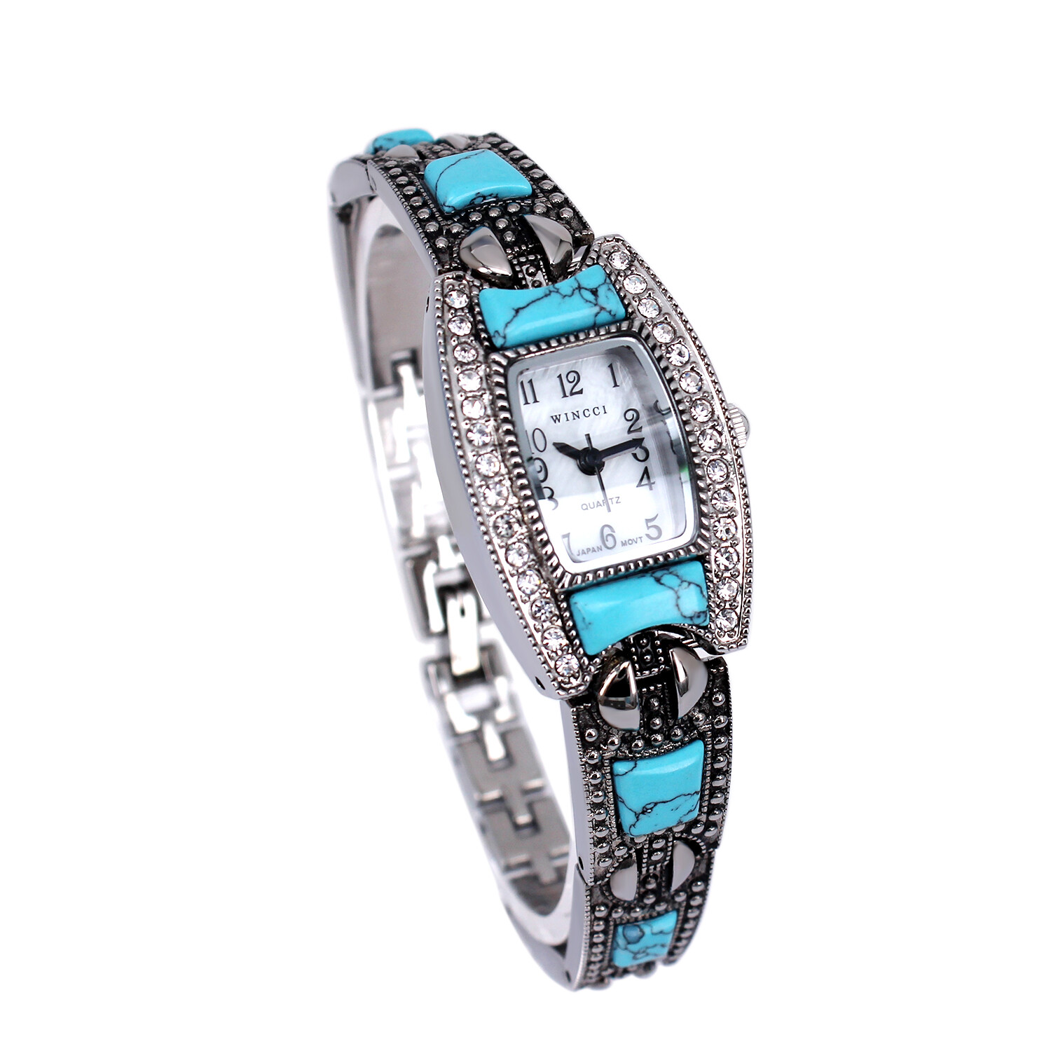 Blekon Collections Ladies Square Face Rhinestone Turquoise Linked Band Watch