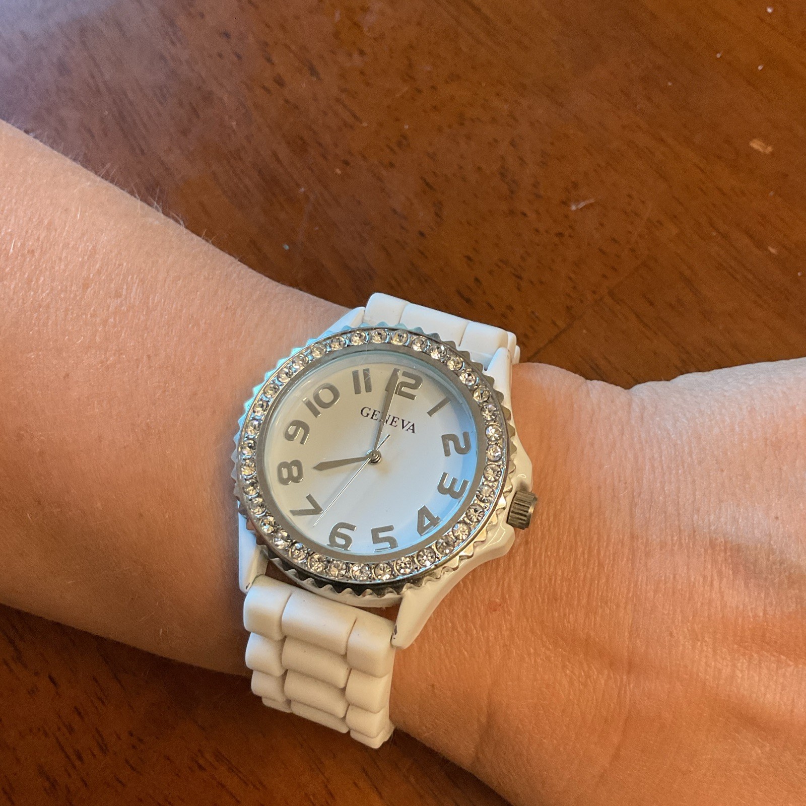 Geneva Women’s Quartz Analog Watch White Rubber Strap Arabic Gem-Set Bezel