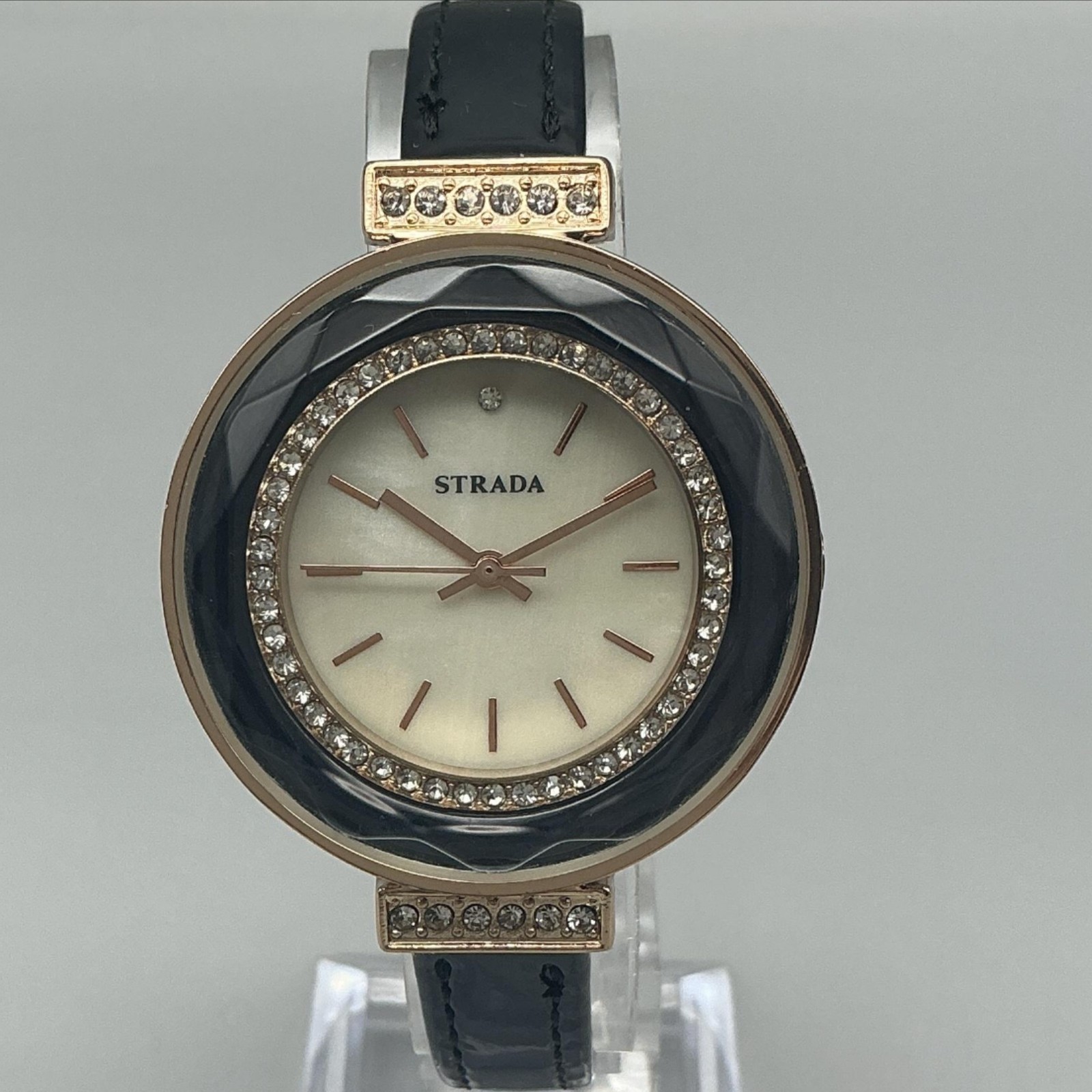 Strada Womens Dress Watch 35mm Cream Dial Faceted Crystal Bezel Black Strap