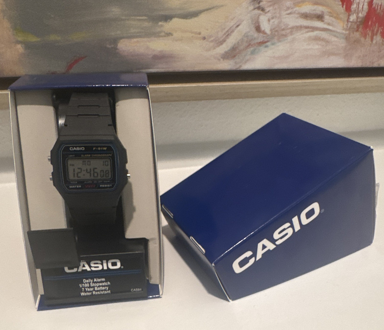 Casio F-91W Digital Quartz Alarm Stopwatch Black Resin 33mm Watch w/ Box Manual