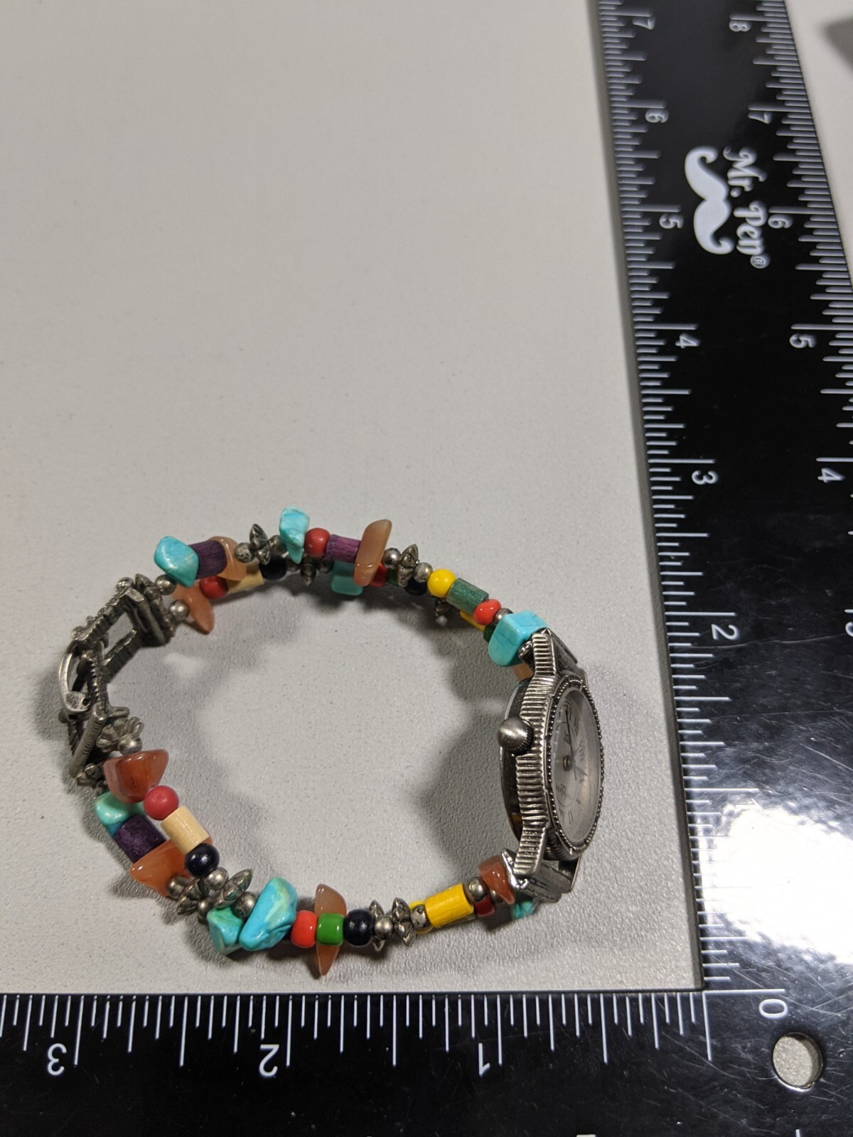 LA Access Round Silver Tone Case 23 mm Natural Colorful Stone Bracelet Bnd Watch
