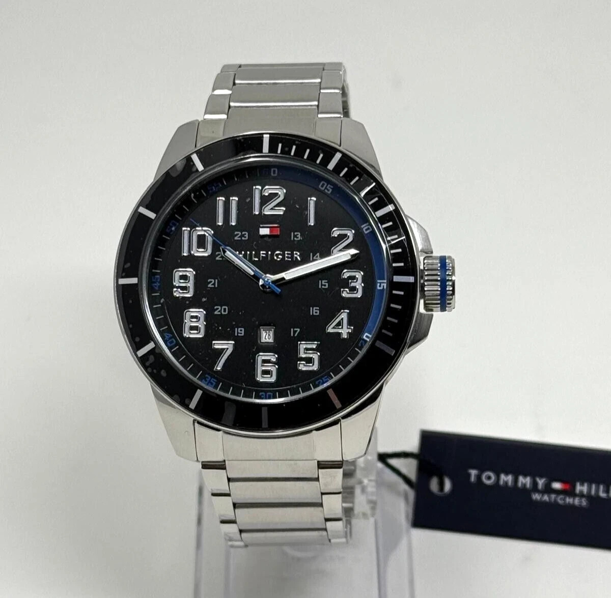 Tommy Hilfiger Three Hand Stainless Steel Black Dial 46mm Watch NIB 1791074