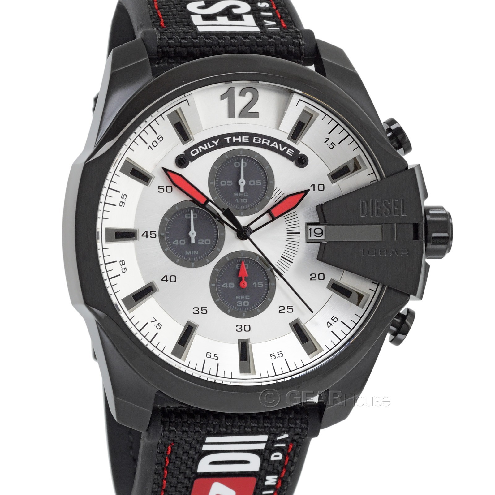 DIESEL Mega Chief Mens Chronograph Watch, Black Red Silver, Textile Logo Strap
