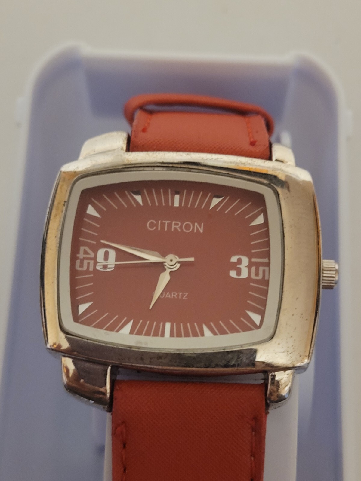 Large Red Leather Fabric Styled Citron Quartz Watch In Box