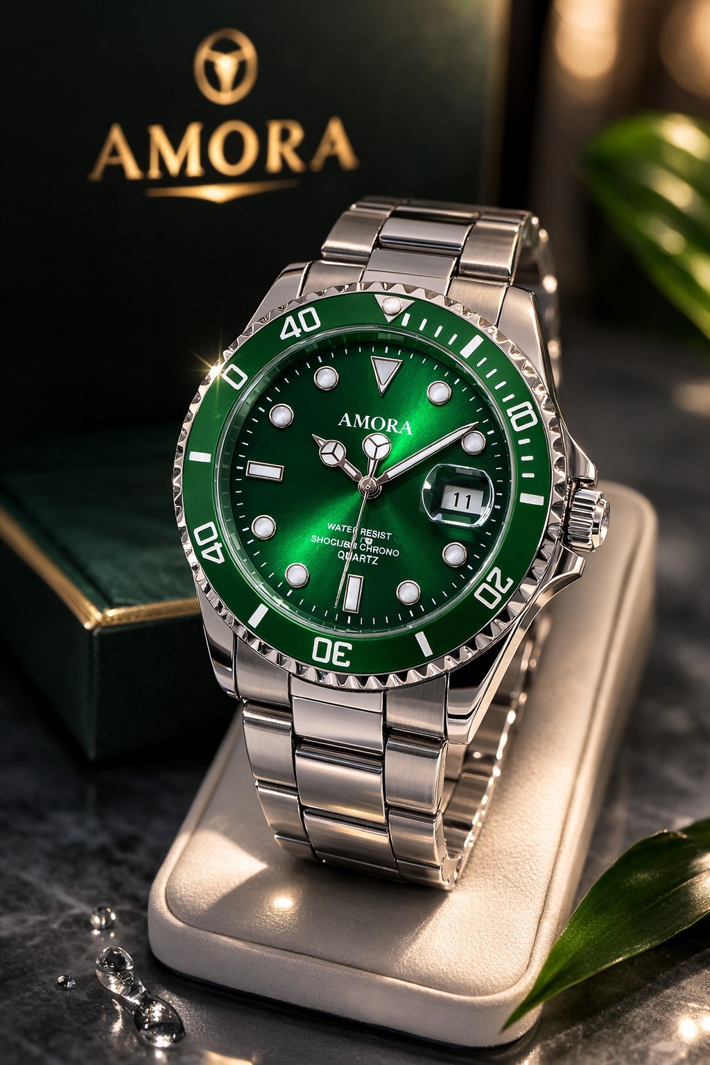 Men’s Green Dial Stainless Steel Diver Style Watch Date Quartz Luxury Sport…