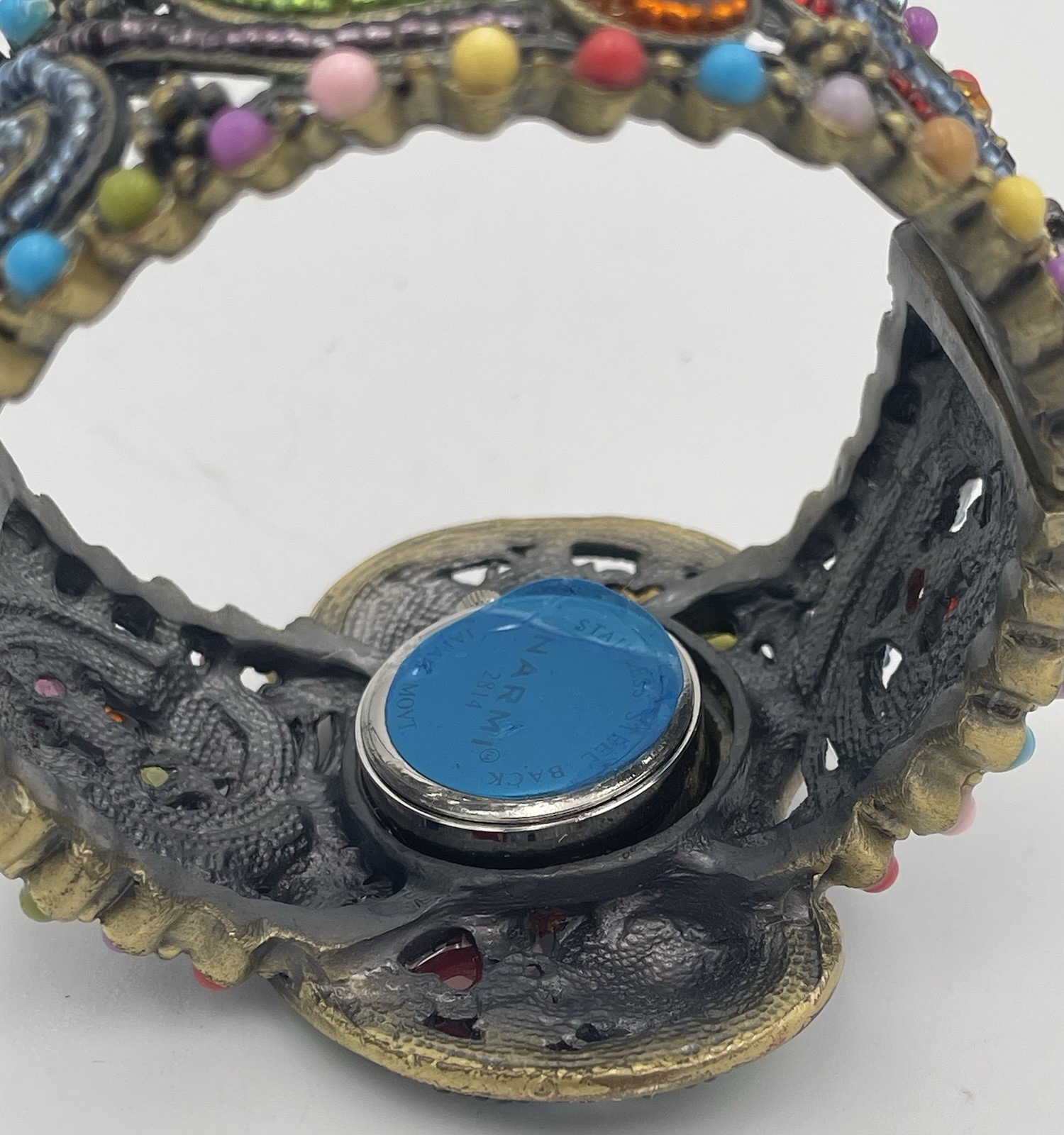 Narmi Quartz Beaded Hinge Bracelet Watch Brass Tone Multicolor Jewel New Battery