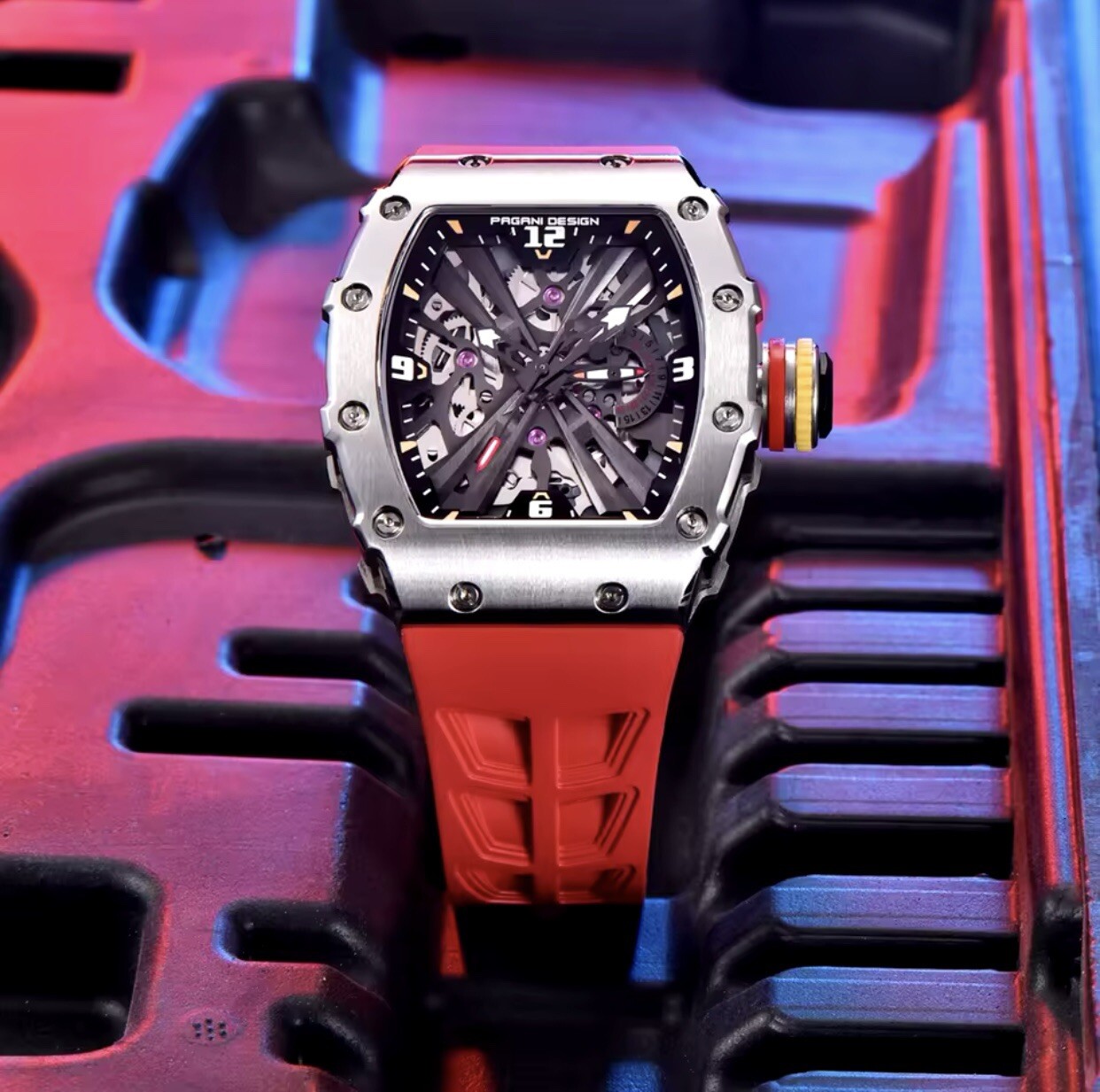 PAGANI DESIGN 2024 Men’s Quartz Watches Skeleton Stainless Steel Sports Red