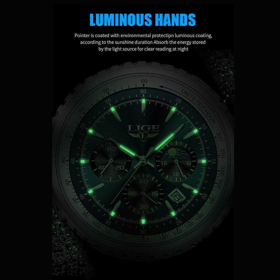 LIGE Men Watch Quartz Date Moon Phase Chronograph 3ATM Waterproof Man Wristwatch