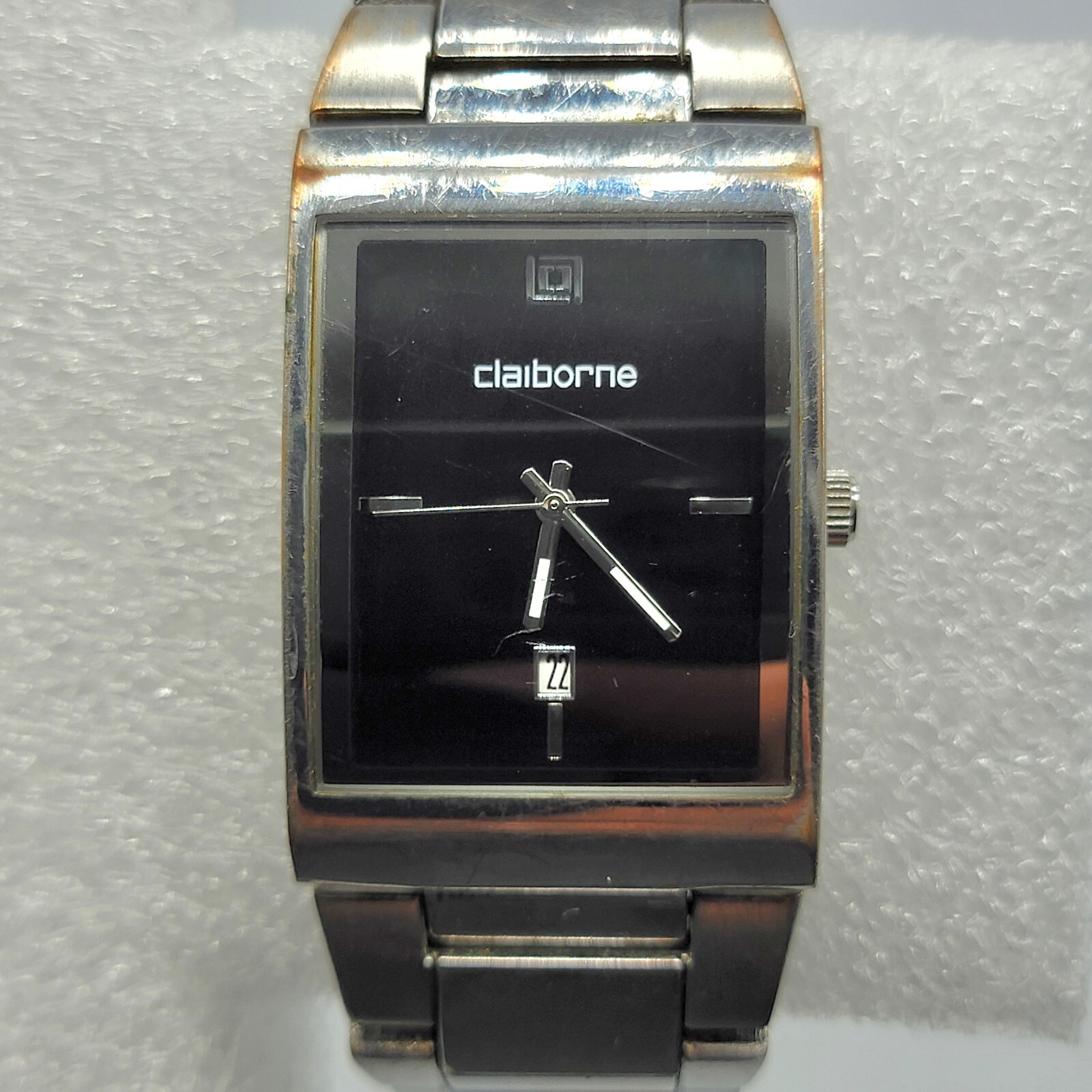 Claiborne Men Watch 30mm Rectangle Dial Date Indicator Silver Tone Band , Runs *