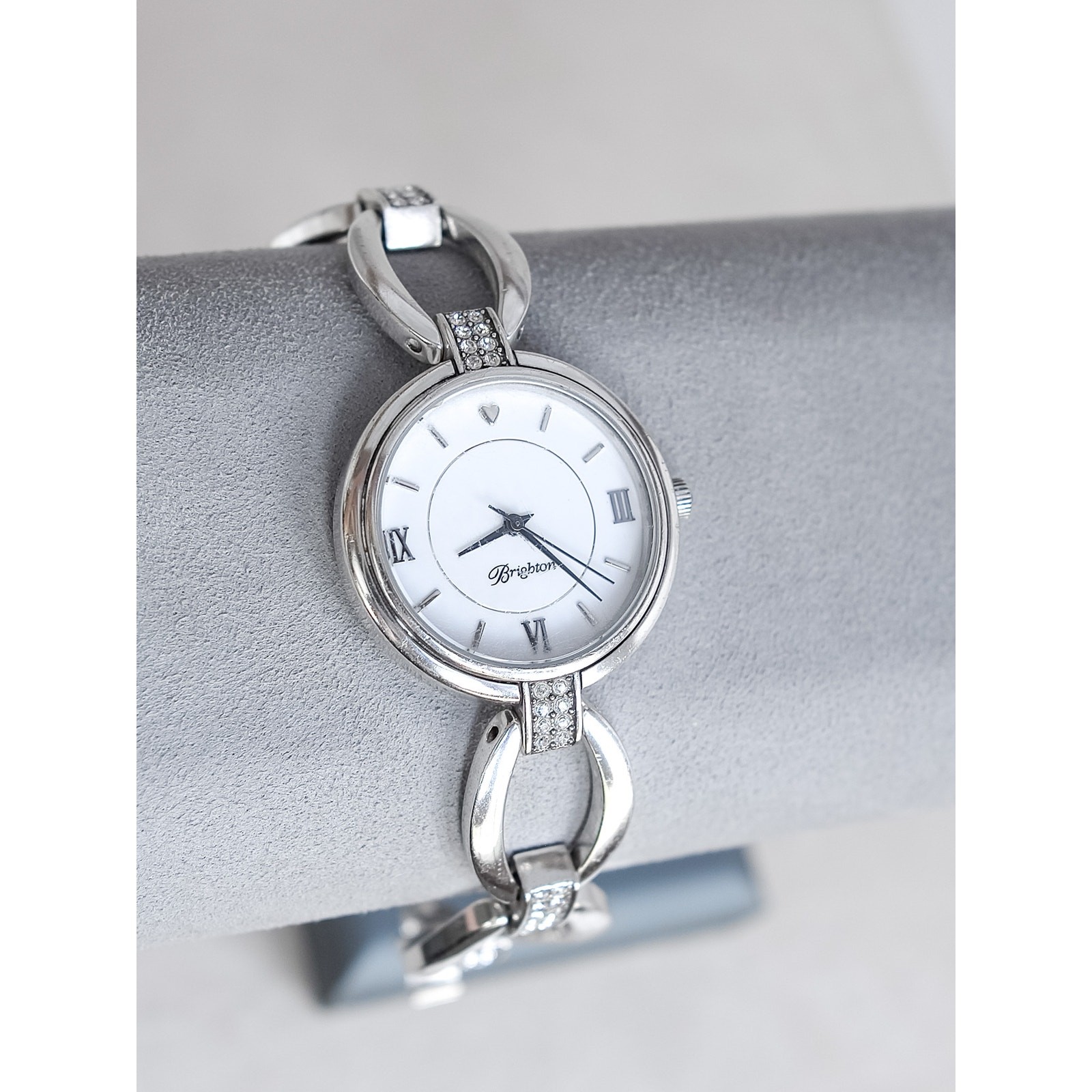 Brighton Meridian Swing Pave Crystal Band Watch Silver Plated Fold Over Clasp