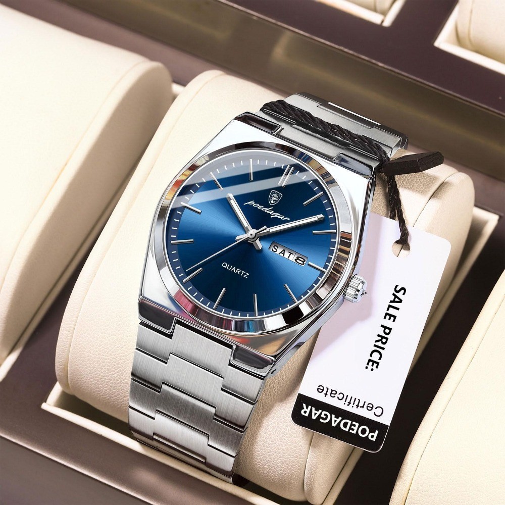 POEDAGAR Men Waterproof Luminous Date Week Stainless Steel Casual Quartz Watch