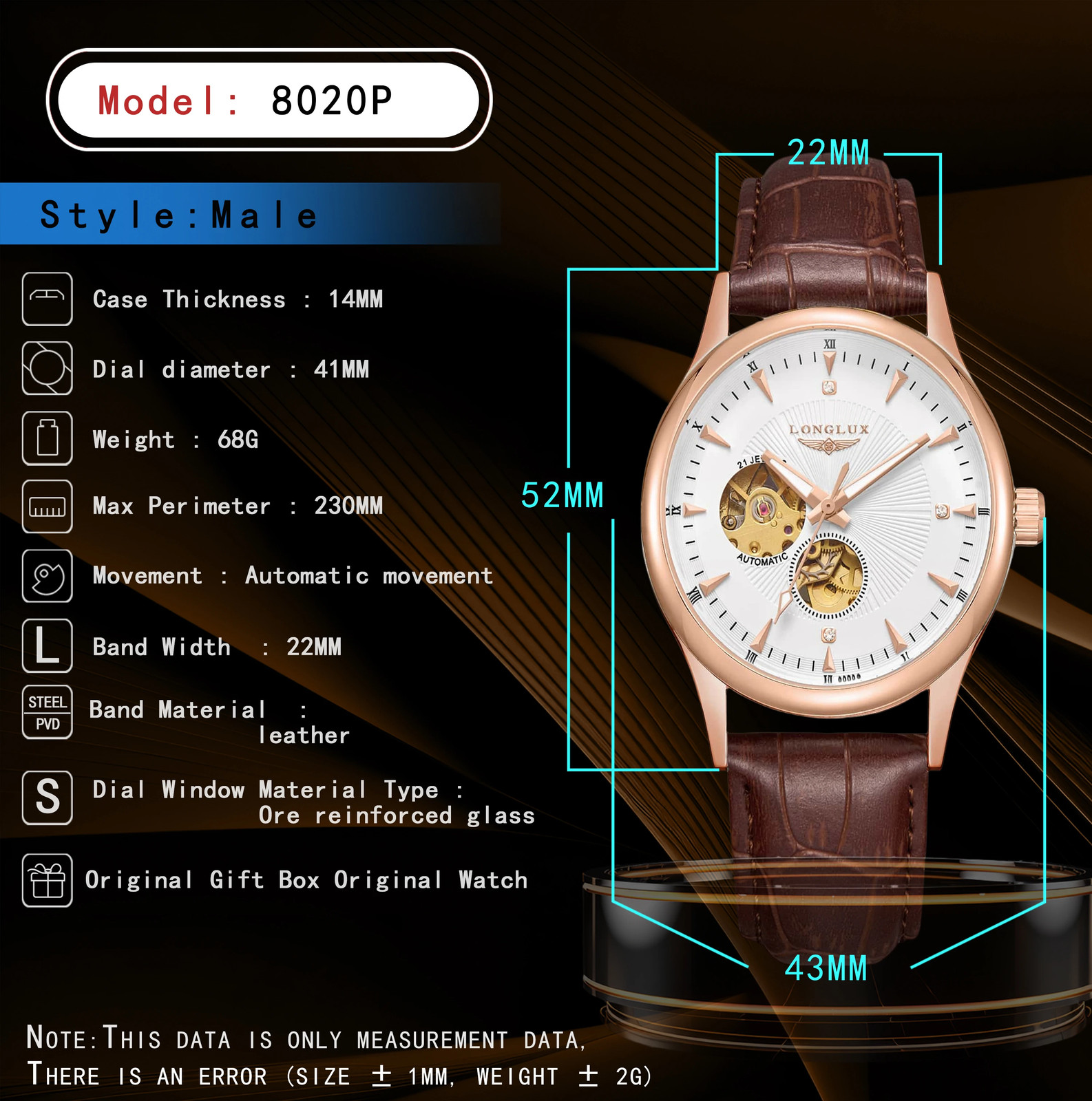 LONGLUX Men’s Automatic Skeleton Watch Roman Numerals Leather Waterproof