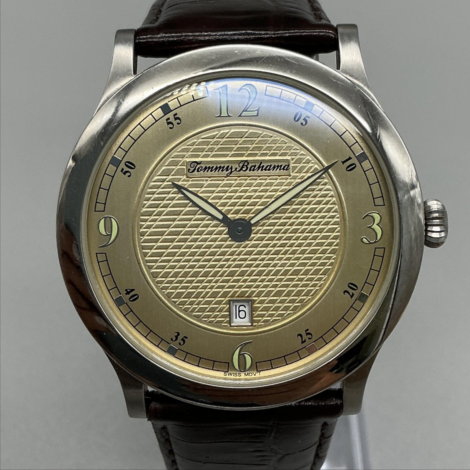 Tommy Bahama Mens Watch 40mm Gold Tone Brown Leather TB1051 Date New Battery