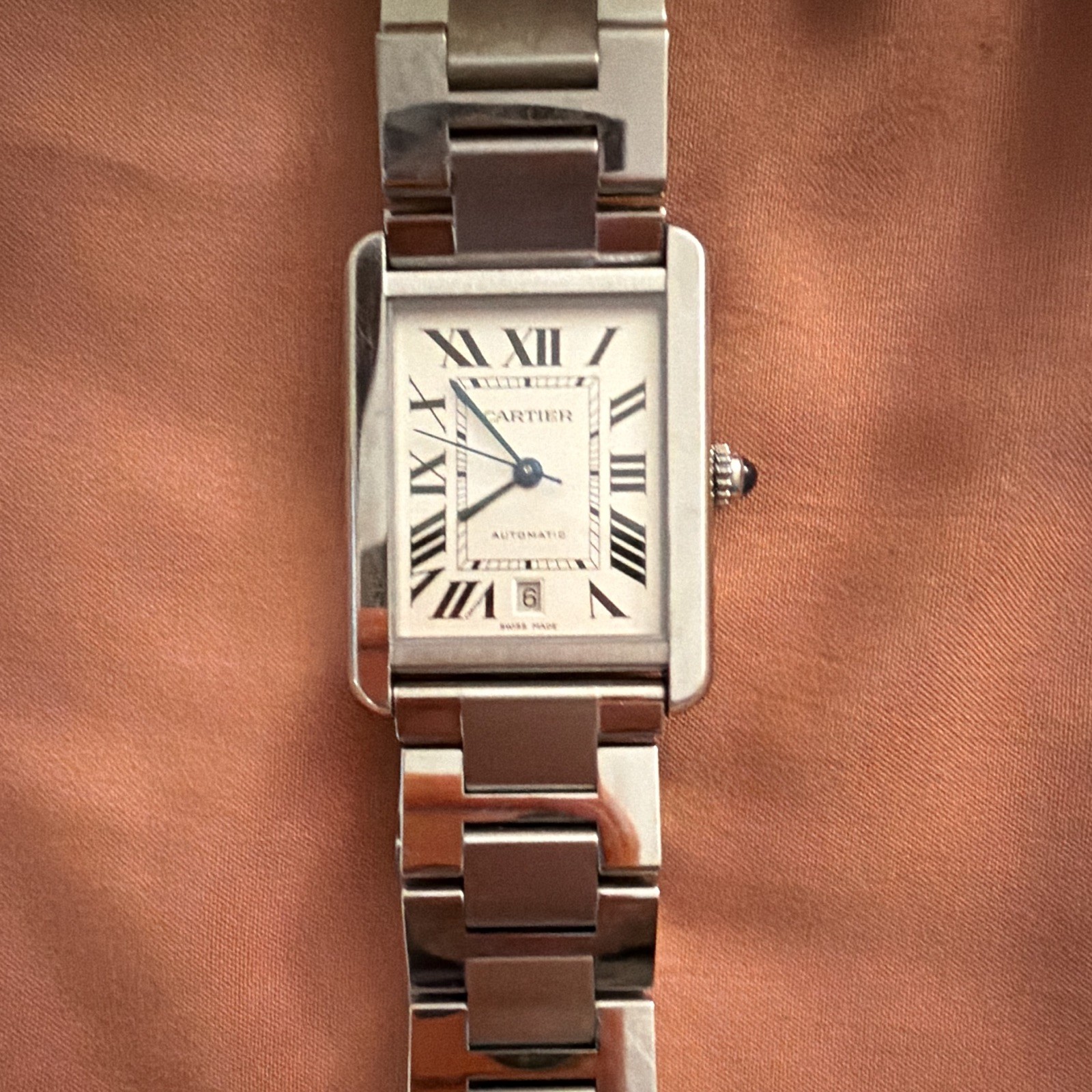 Cartier Tank Automatic Date White Roman Dial Silver Stainless Steel Bracelet