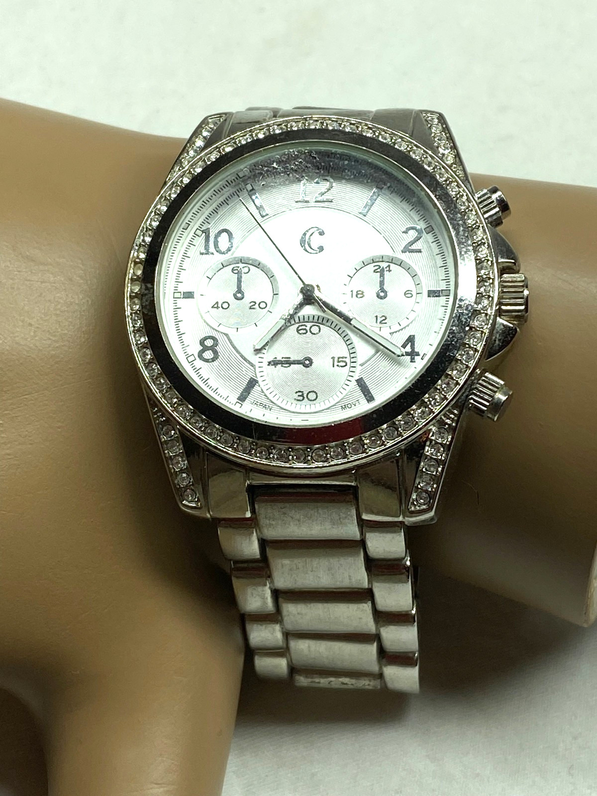 Charming Charlie Faux Chronograph Watch Silver Tone Clear Crystal Bezel