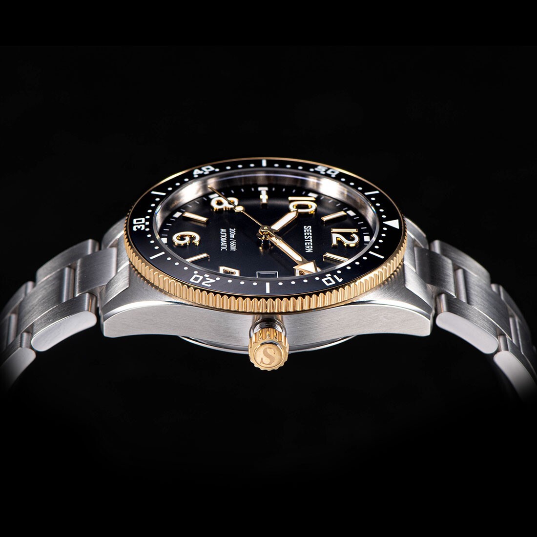 Seestern S434 Automatico Argento Nero Oro Data Maglia Zaffiro Orologio Uomo