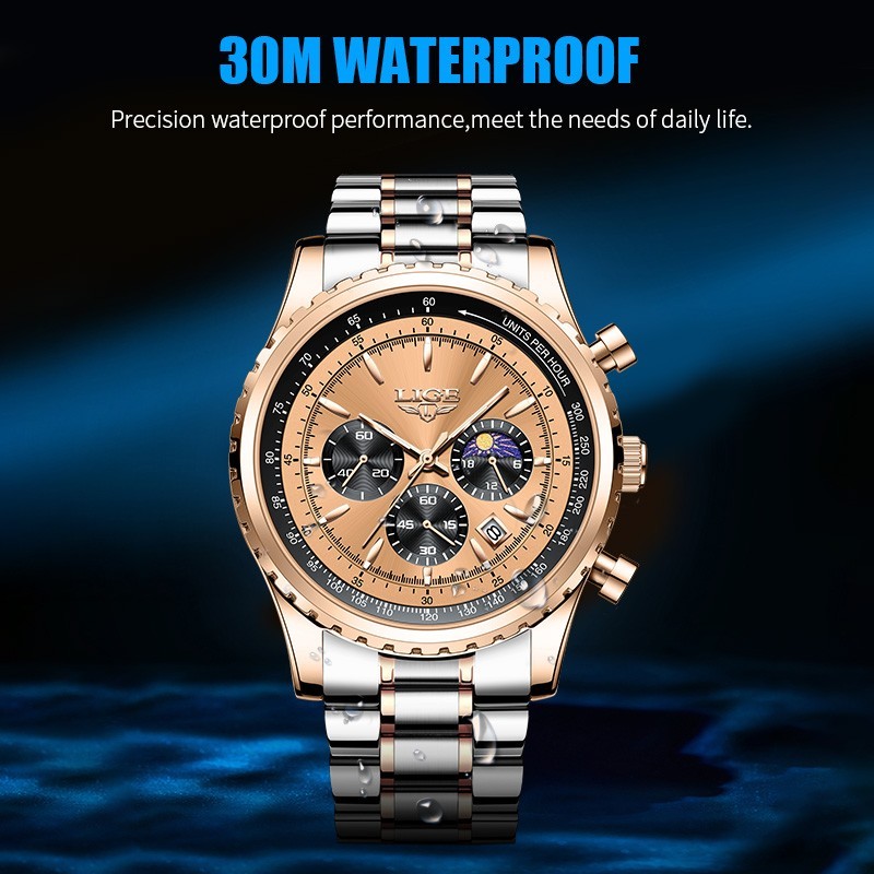 LIGE Men Watch Quartz Date Moon Phase Chronograph 3ATM Waterproof Man Wristwatch