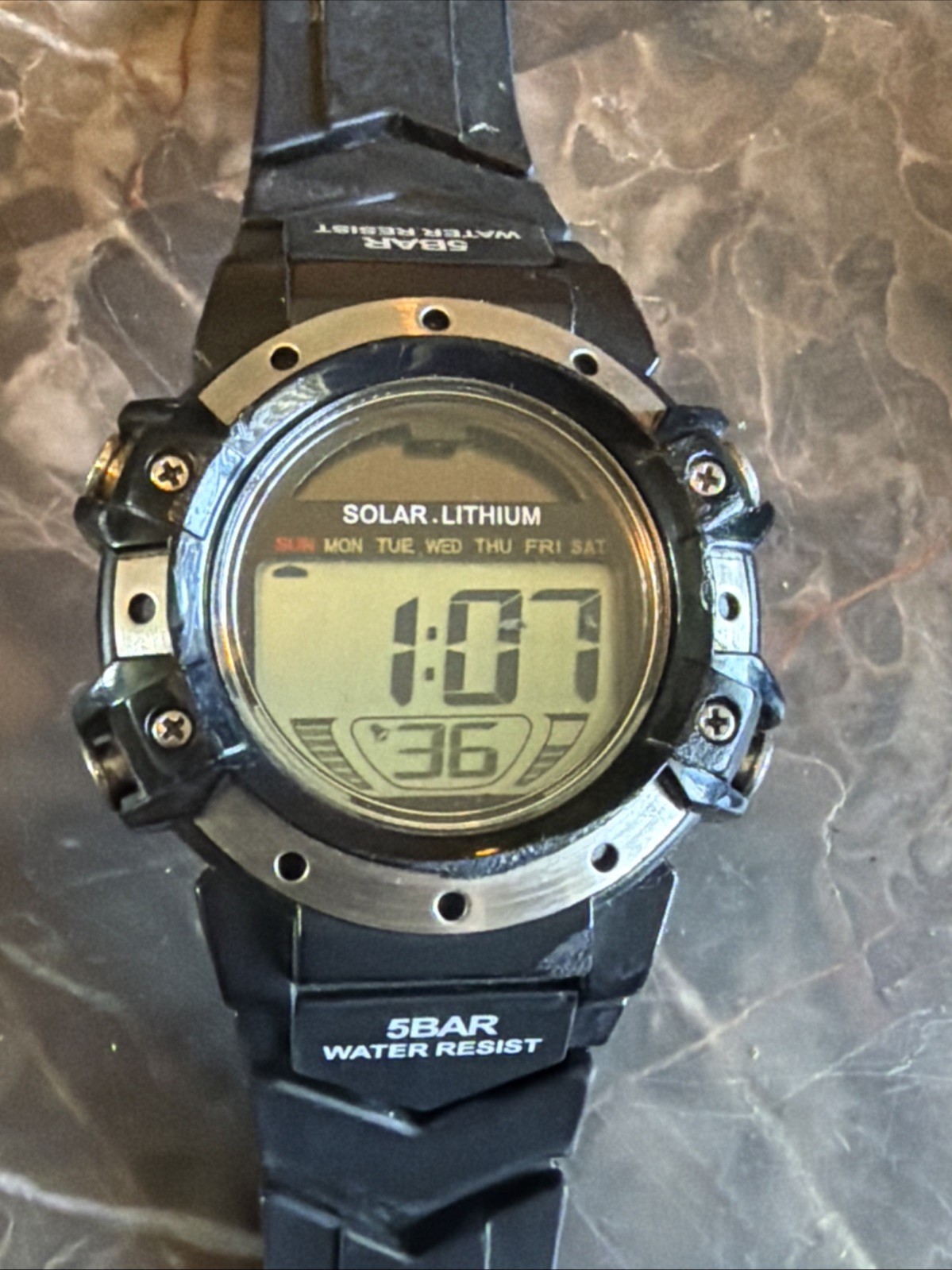 Men’s Sport Watch 5 Bar Solar Lithium WR 50M Digital Black Water Resistant C001