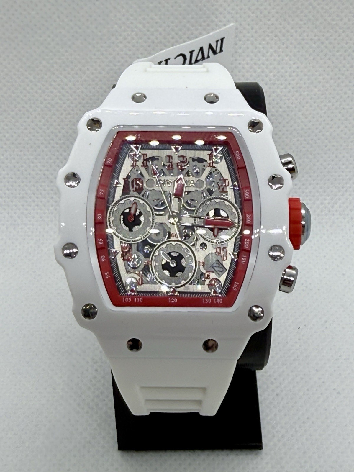 💥Invicta Racing Men’s 44mm Quartz Chronograph Date White Silicone Red Bezel