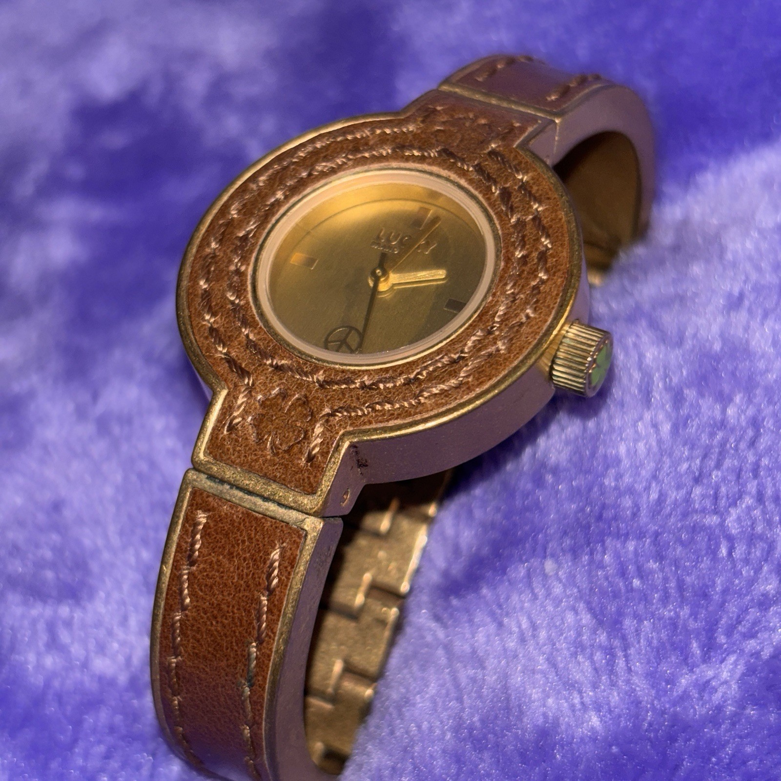 Lucky Brand Womens Boho Peace Sign Watch Brown Leather Gold Tone Vintage