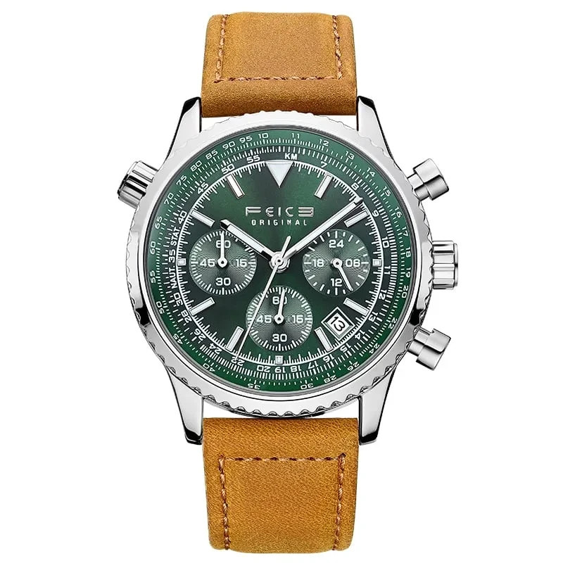 Men’s Chronograph Watches Quartz Movement Green Wanderer Leather Strap Luminous