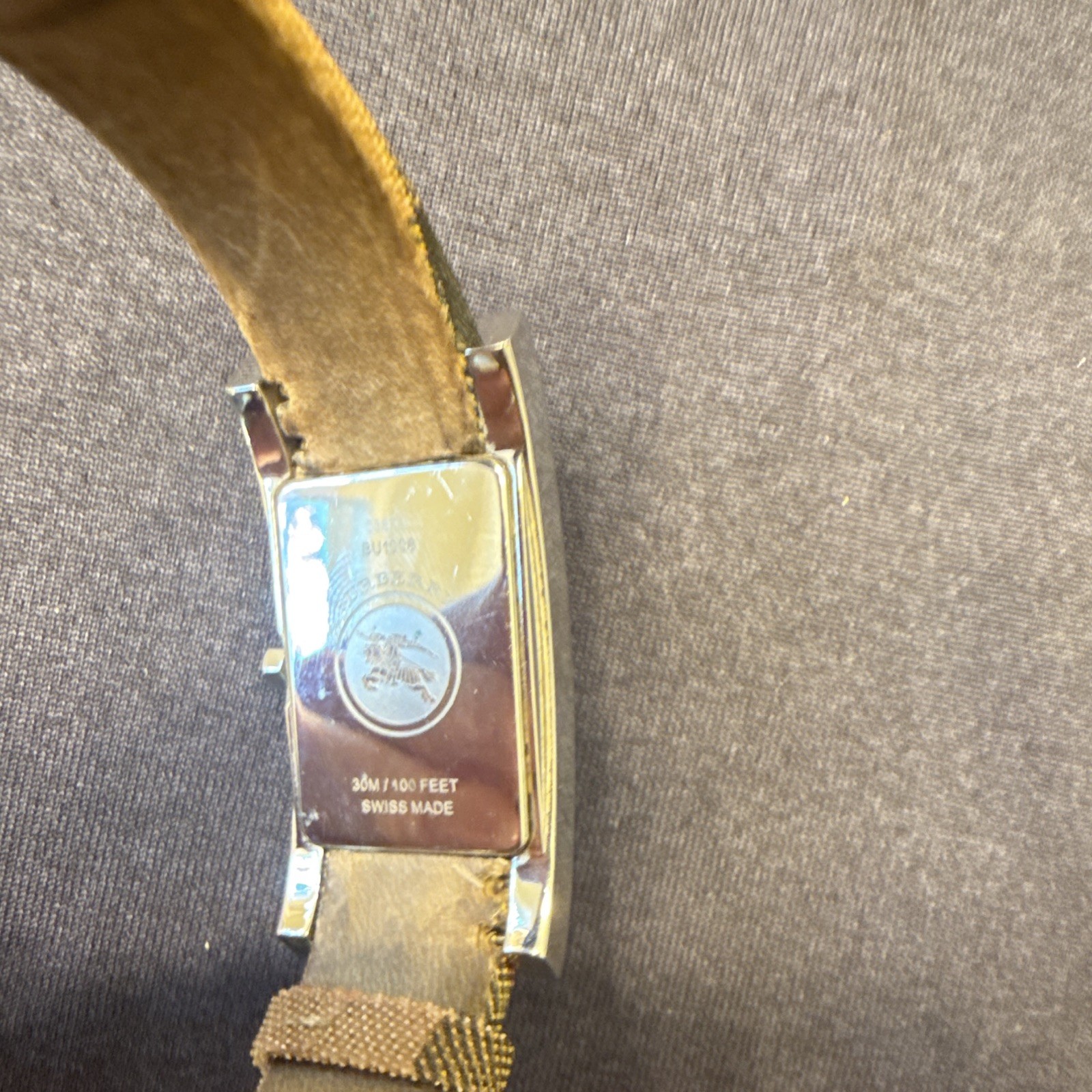 Burberry Swiss Made Quartz Rectangular Black Dial Date Beige/Black Strap